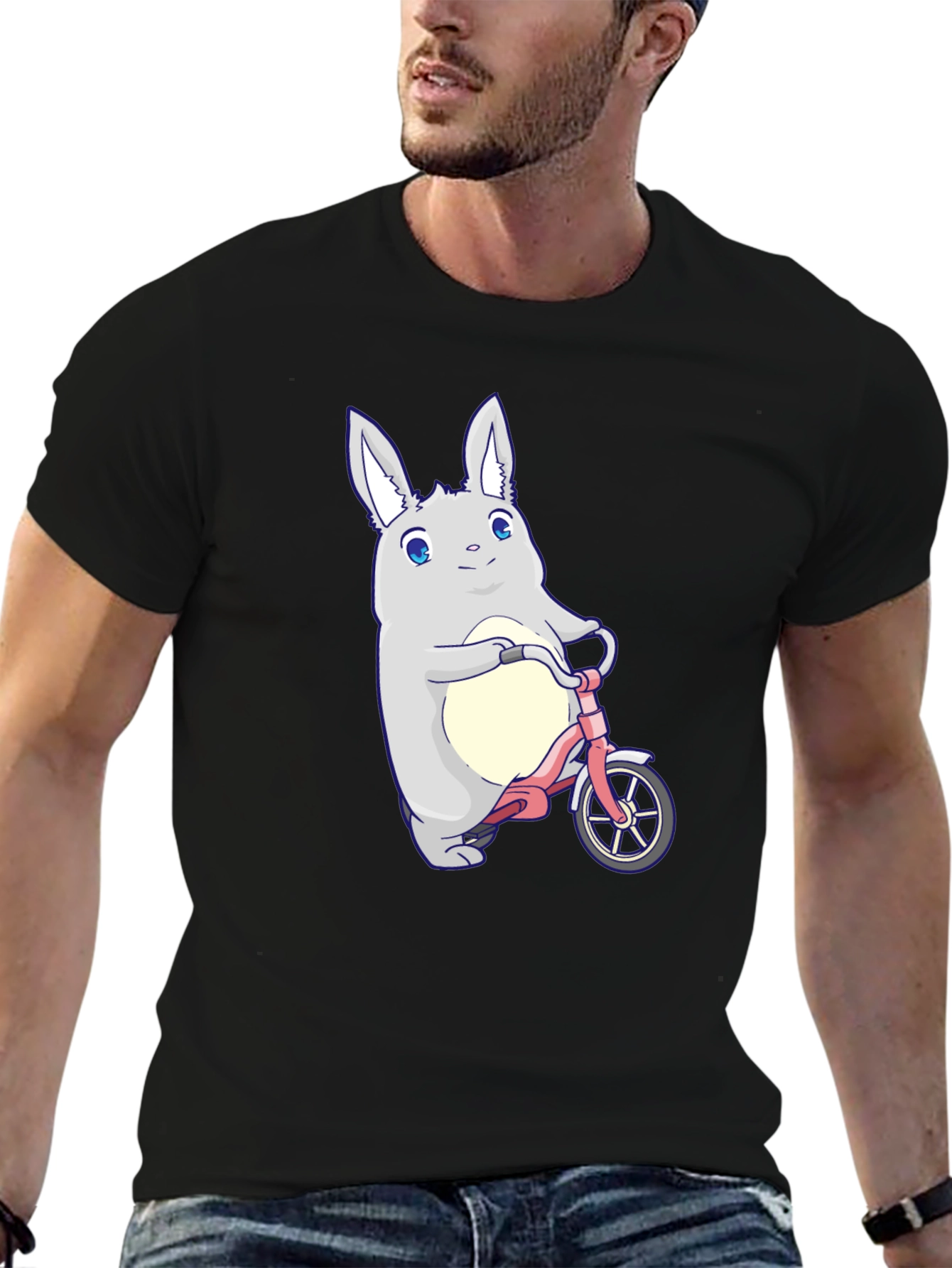 Black Cute Bunny on Bike Graphic T-Shirt view 6