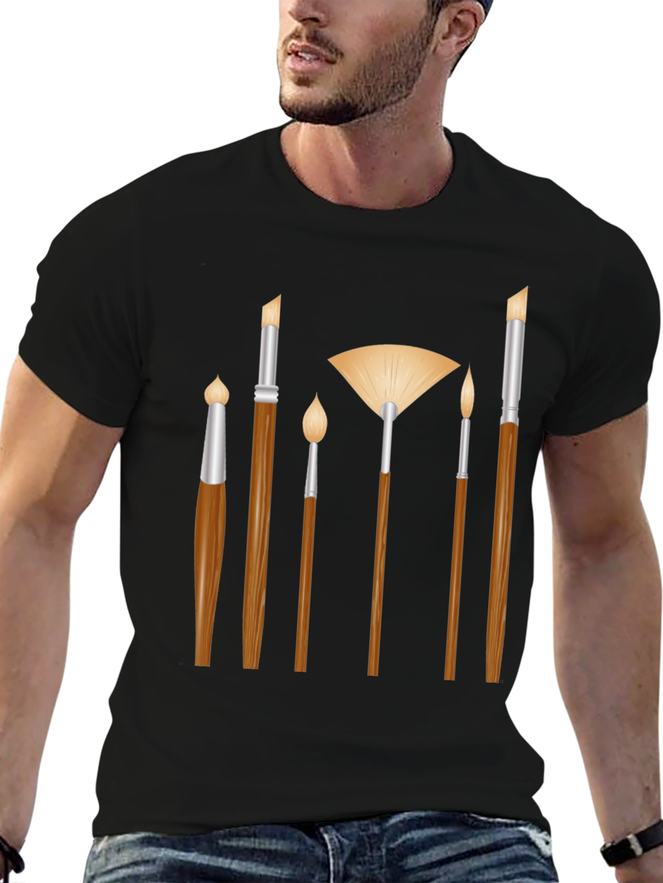 Black Artist Paint Brush Graphic Tee - Black Unisex T-Shirt view 6