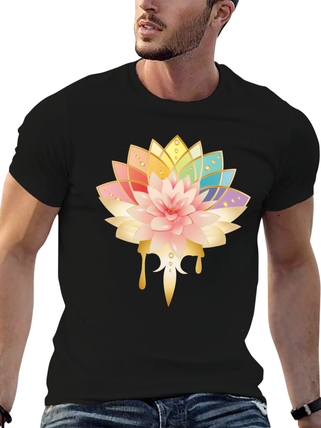 Black Lotus Flower Graphic Black T-Shirt view 6