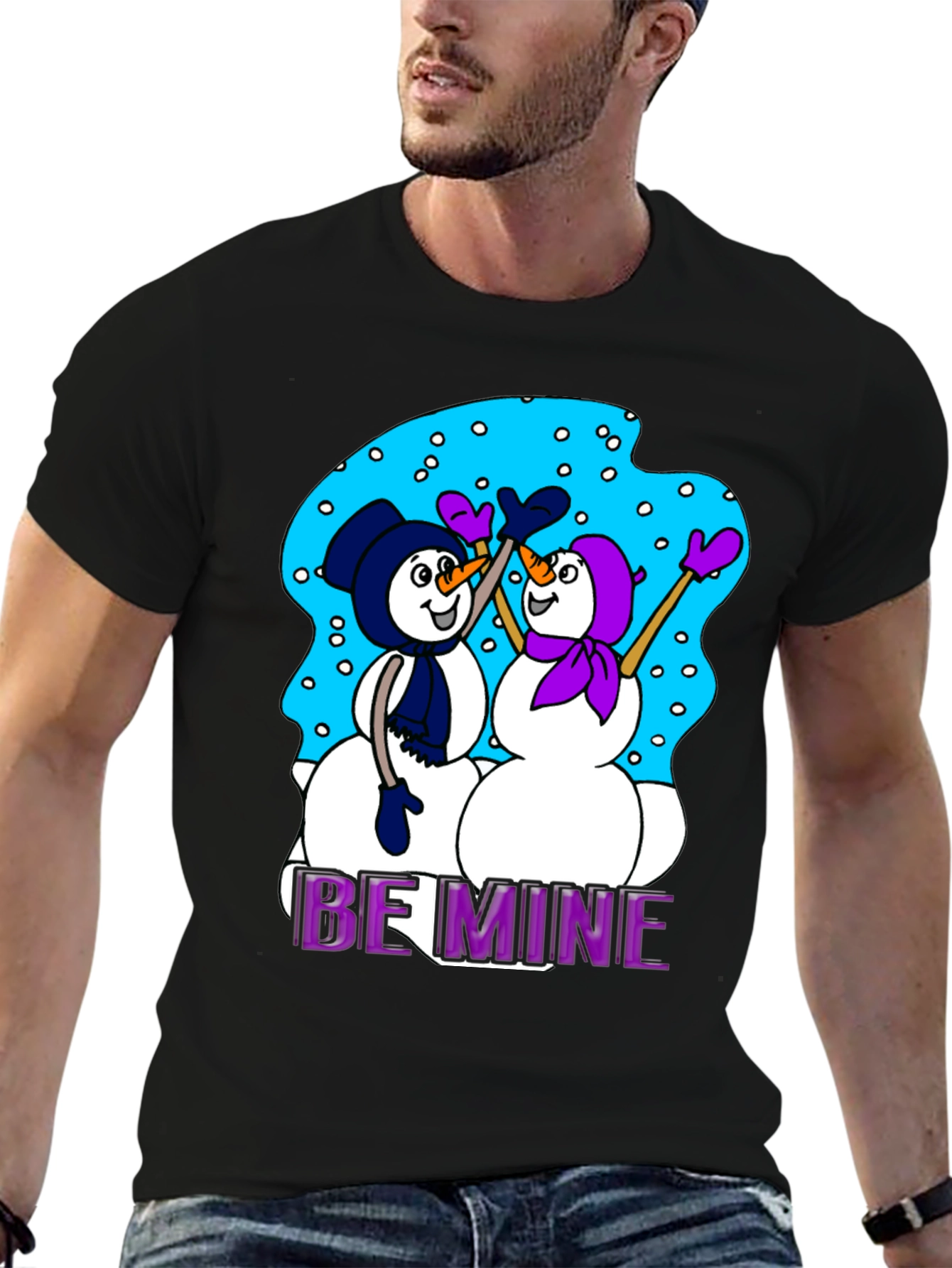 Black Snowman T-Shirt: "Be Mine" Valentine's Day Black Tee view 6