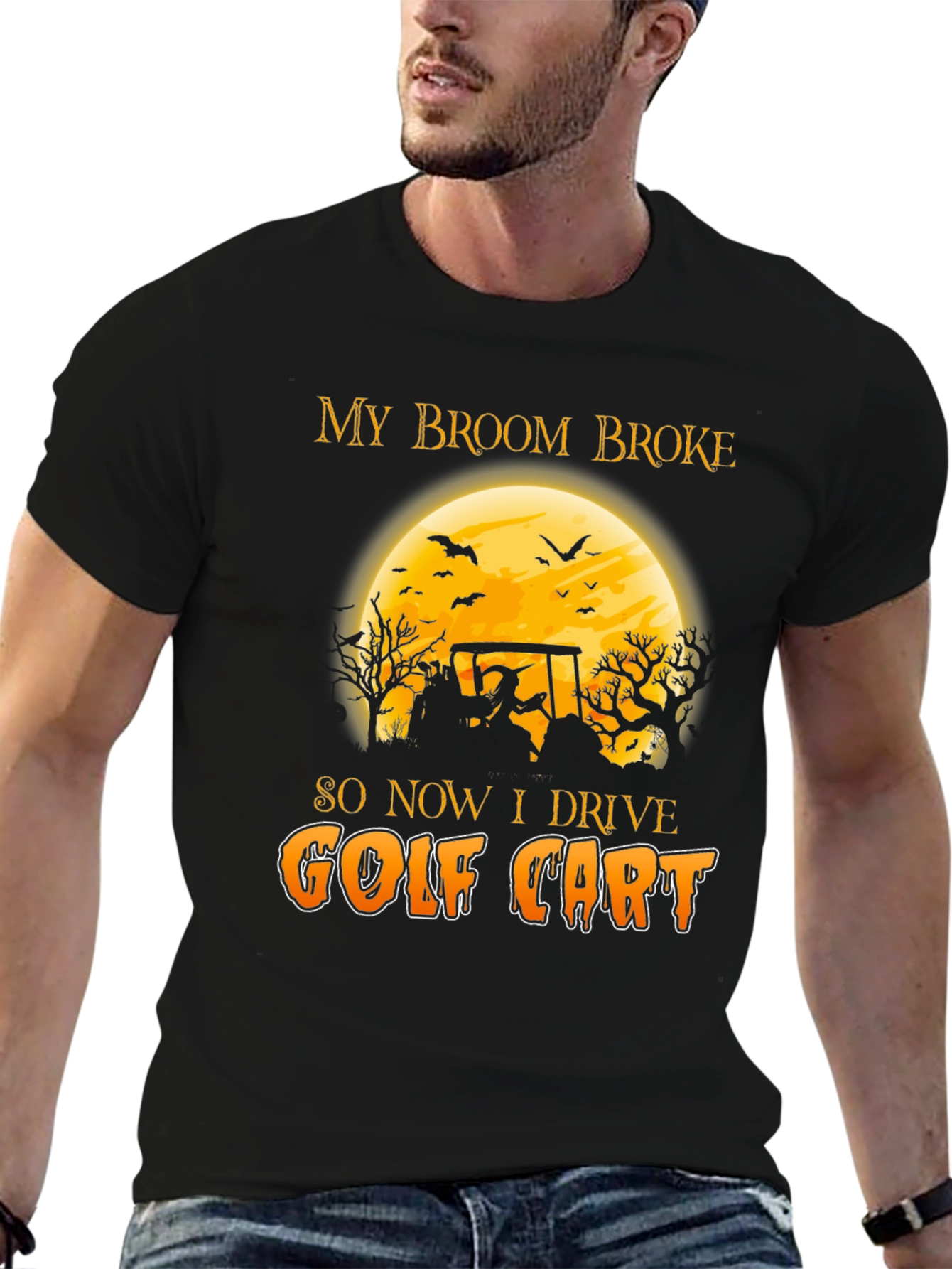 Black Halloween Witch Golf Cart T-Shirt - Funny Fall Tee view 6