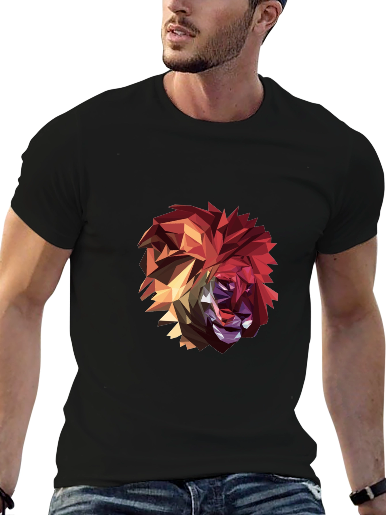 Black Geometric Lion Graphic Black T-Shirt view 6