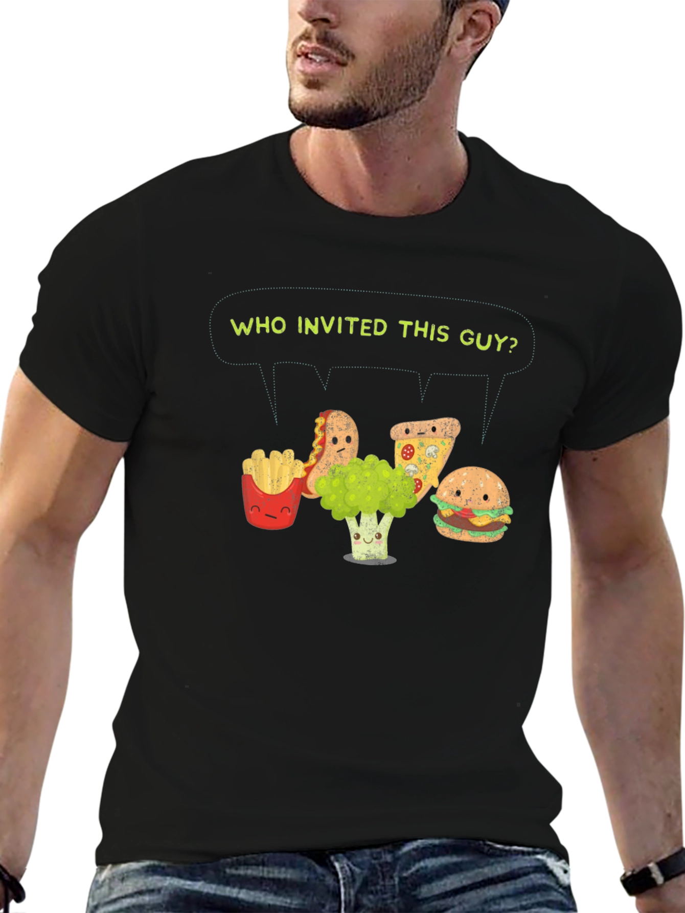 Black Funny Broccoli T-Shirt - Who Invited This Guy view 6
