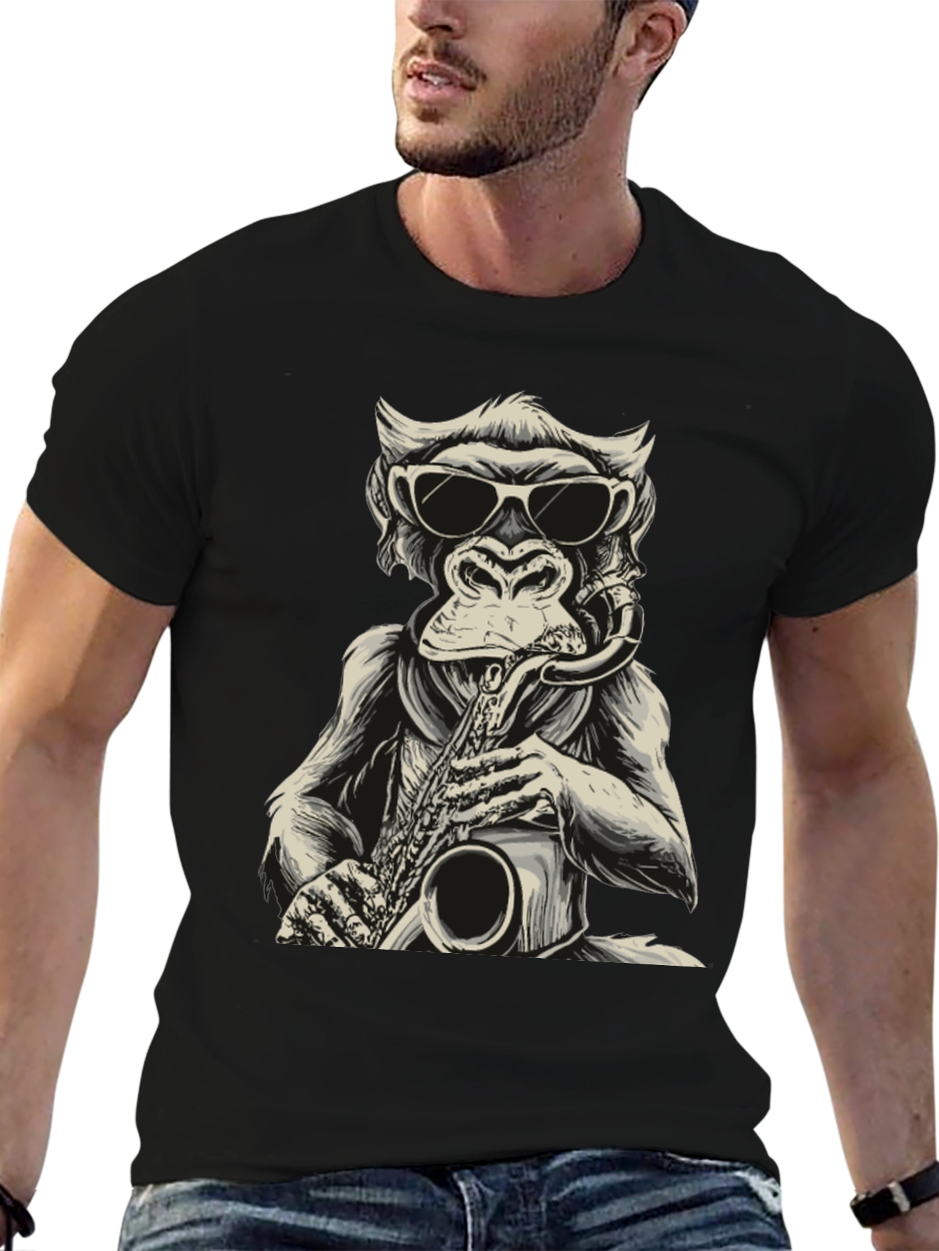 Black Cool Monkey Saxophone Player Graphic T-Shirt view 6