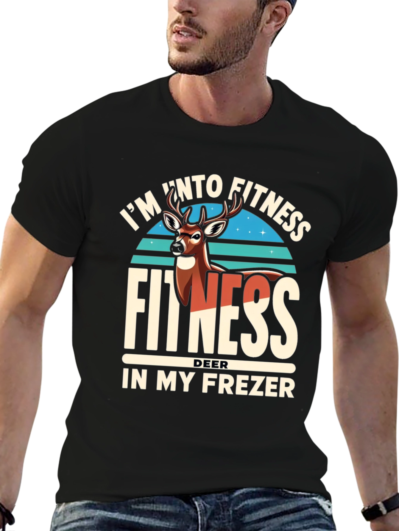Black Fitness Deer in Freezer Funny T-Shirt view 6