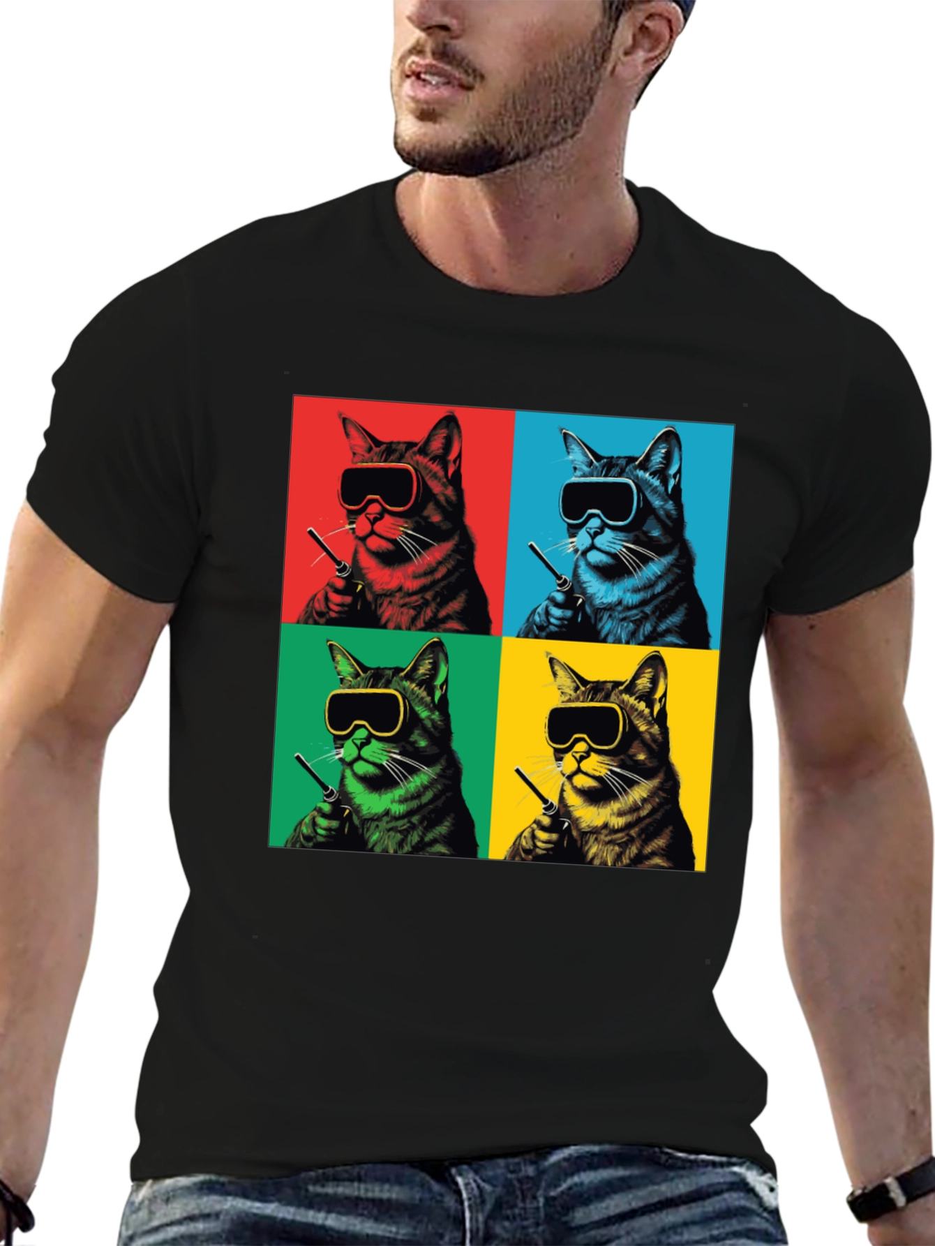 Black Pop Art Cat T-Shirt - Quirky Feline Style view 6