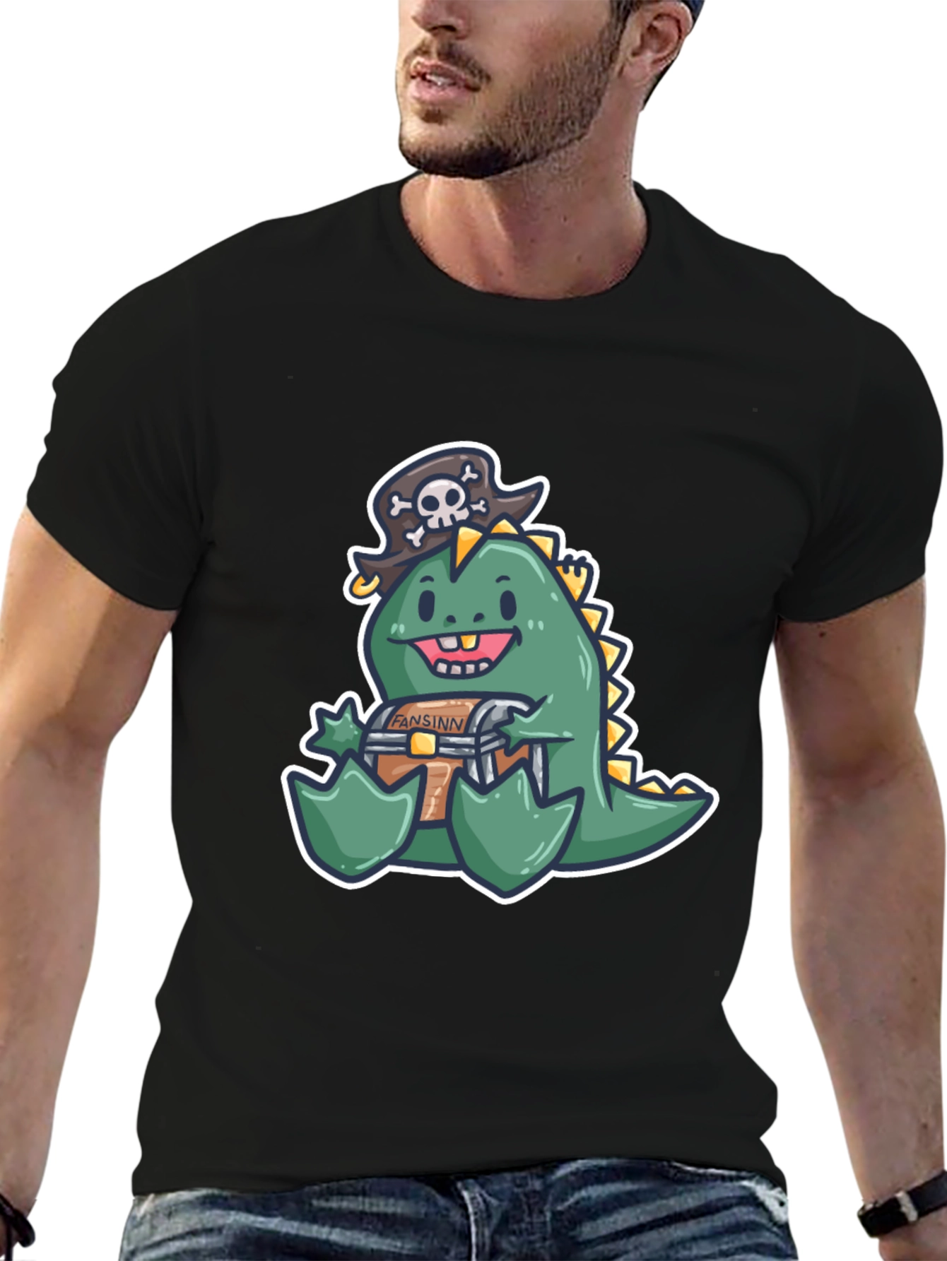 Black Dino Pirate Treasure Chest T-Shirt view 6