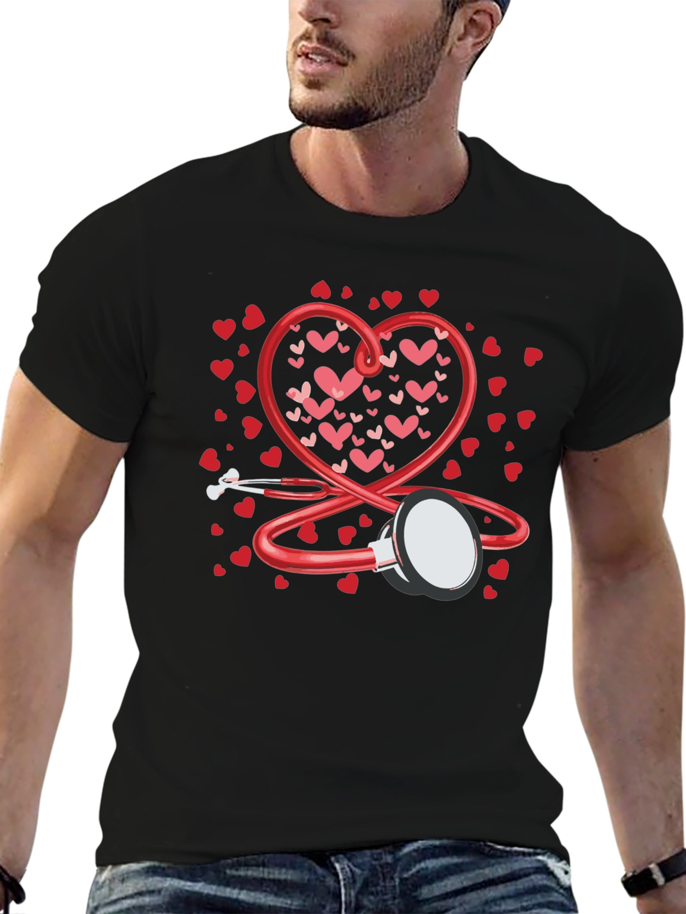 Black Heart Stethoscope Valentine's Day Black T-Shirt view 6