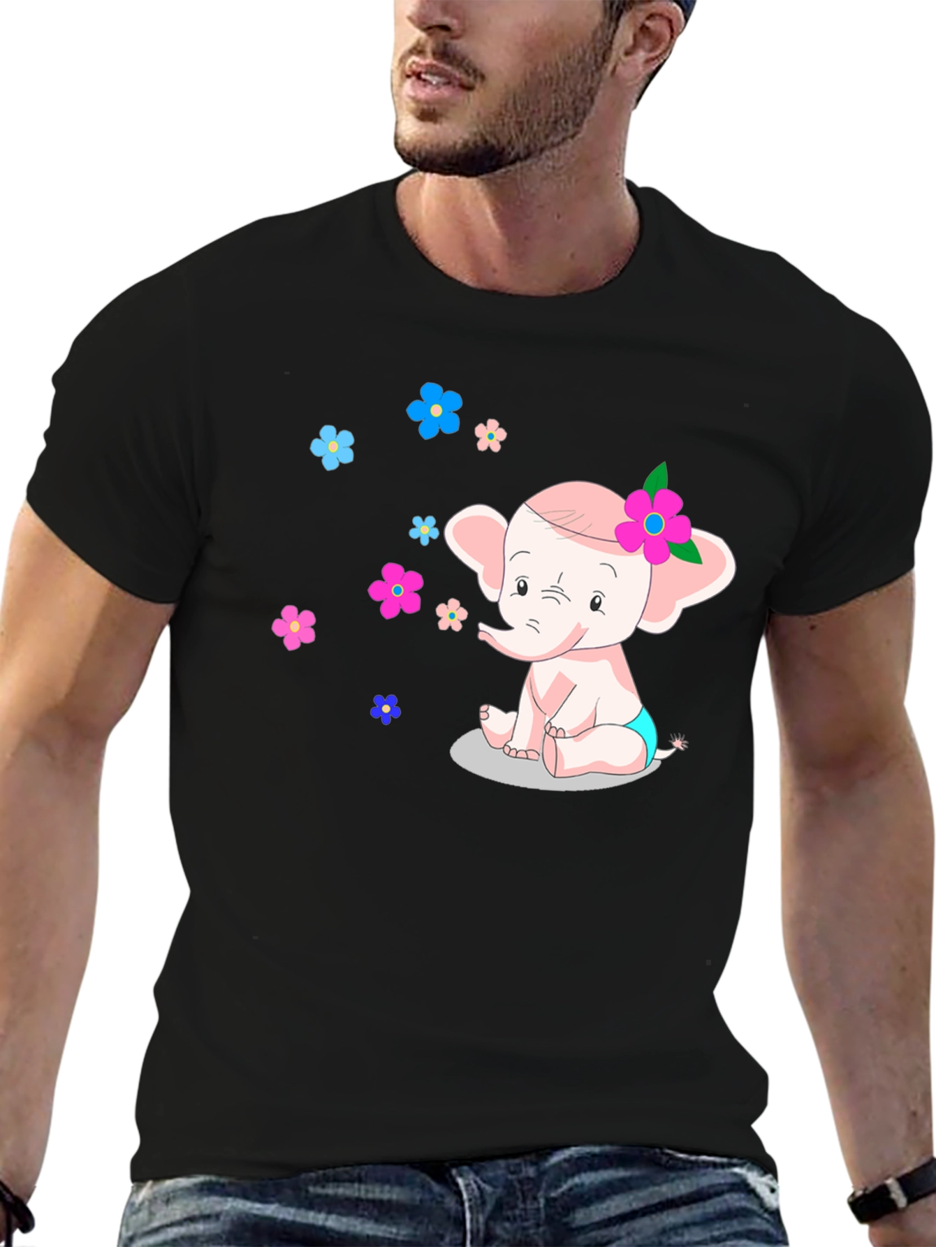 Black Cute Cartoon Elephant Graphic Tee view 6