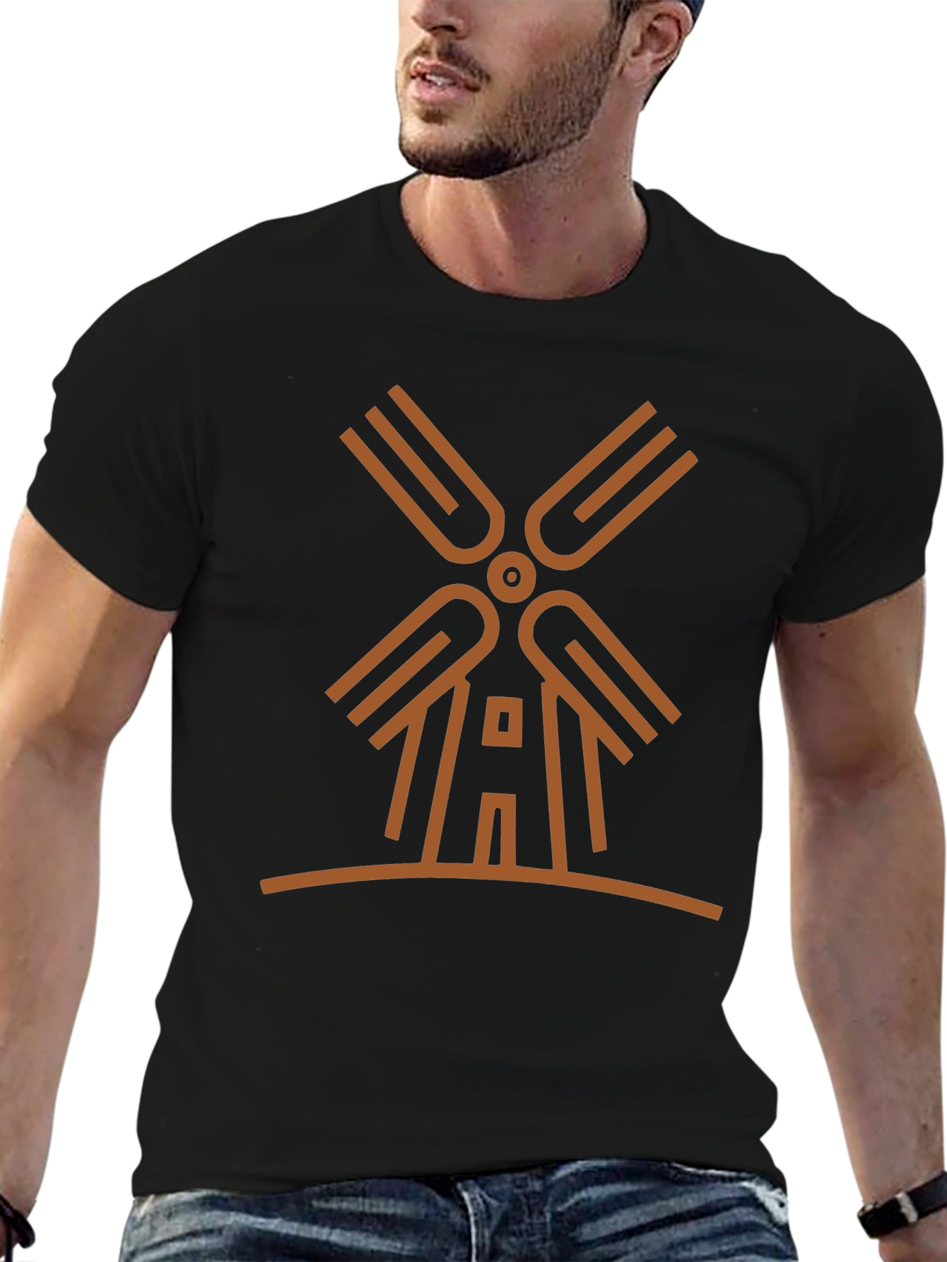 Black Modern Windmill Graphic Tee - Black Cotton Blend view 6