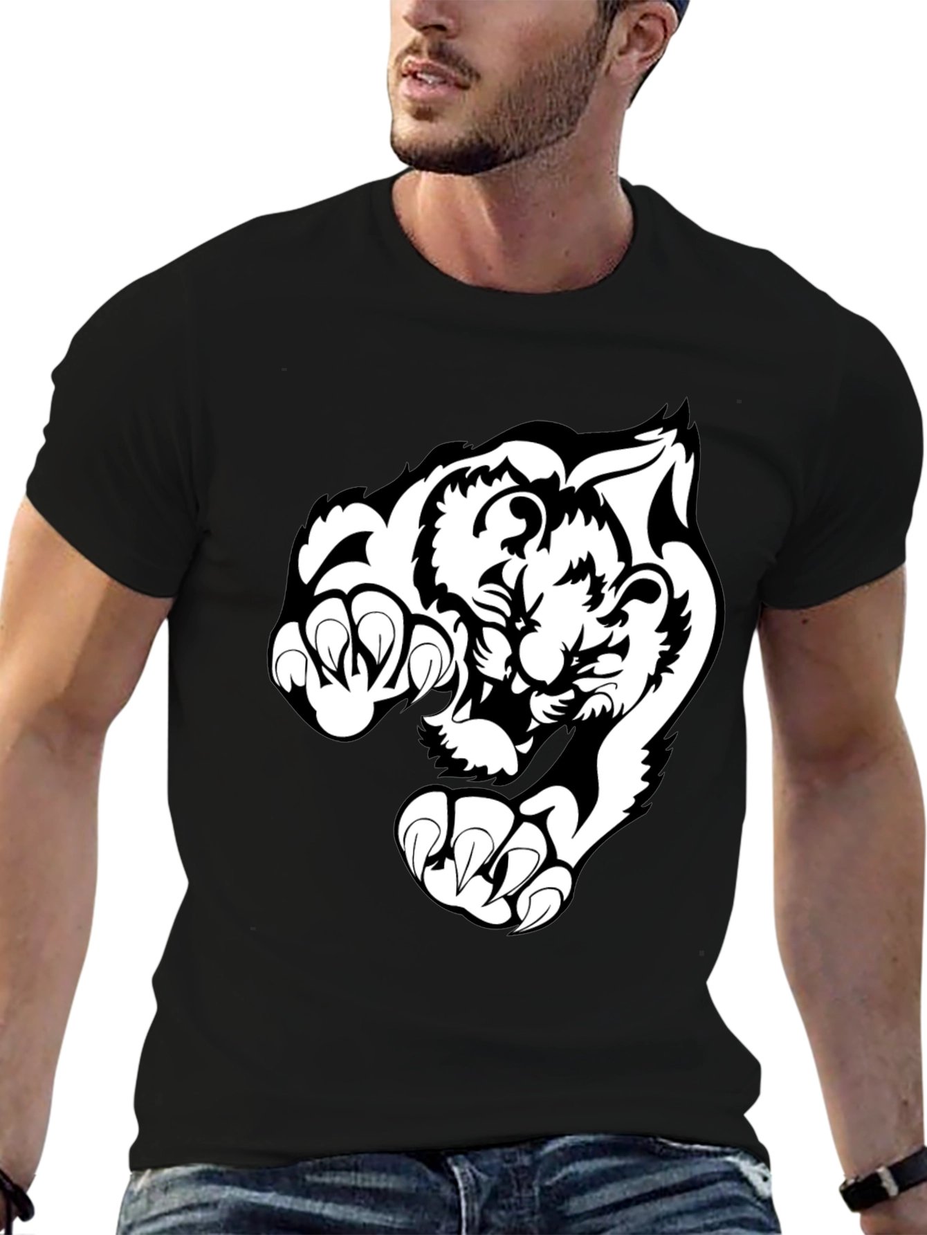 Black Black T-Shirt with White Tiger Graphic view 6