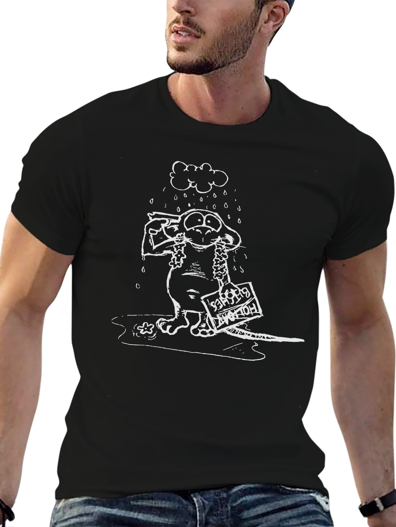 Black Humorous Cartoon Graphic Black T-Shirt view 6