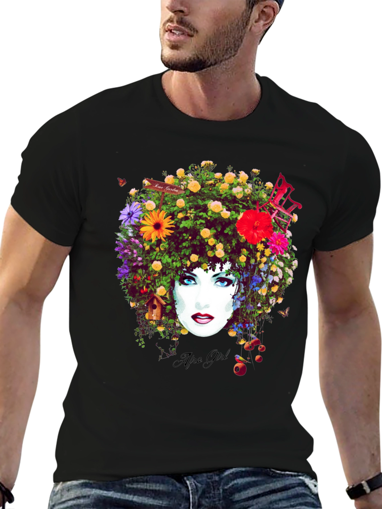 Black Floral Afro Girl Graphic Tee - Unique Design view 6