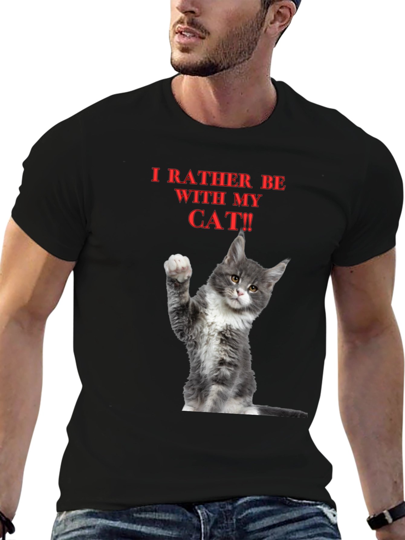 Black Funny "I'd Rather Be With My Cat" Graphic Tee view 6