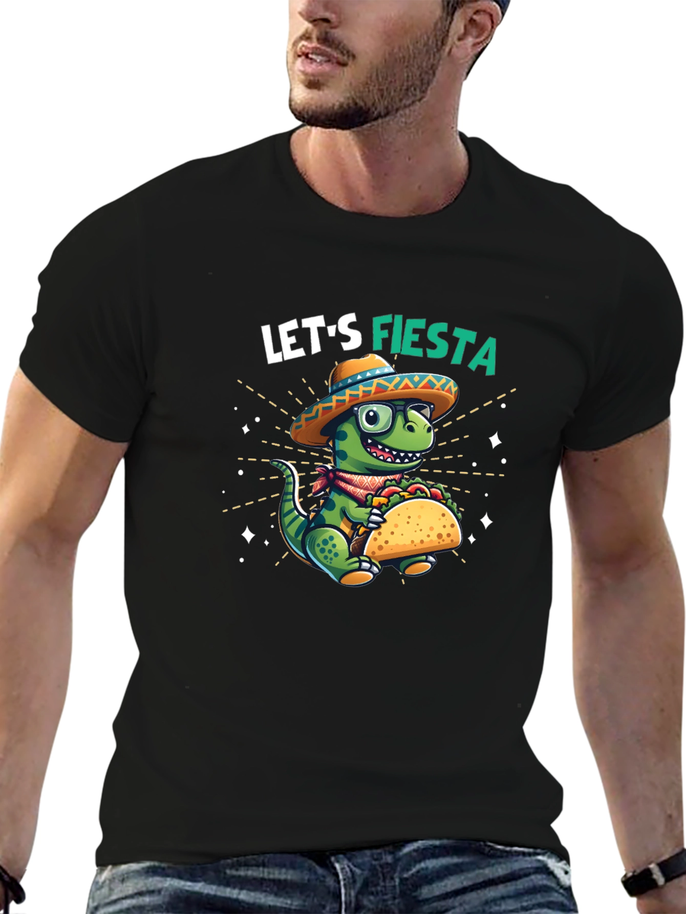 Black Let's Fiesta Dinosaur Taco T-Shirt view 6