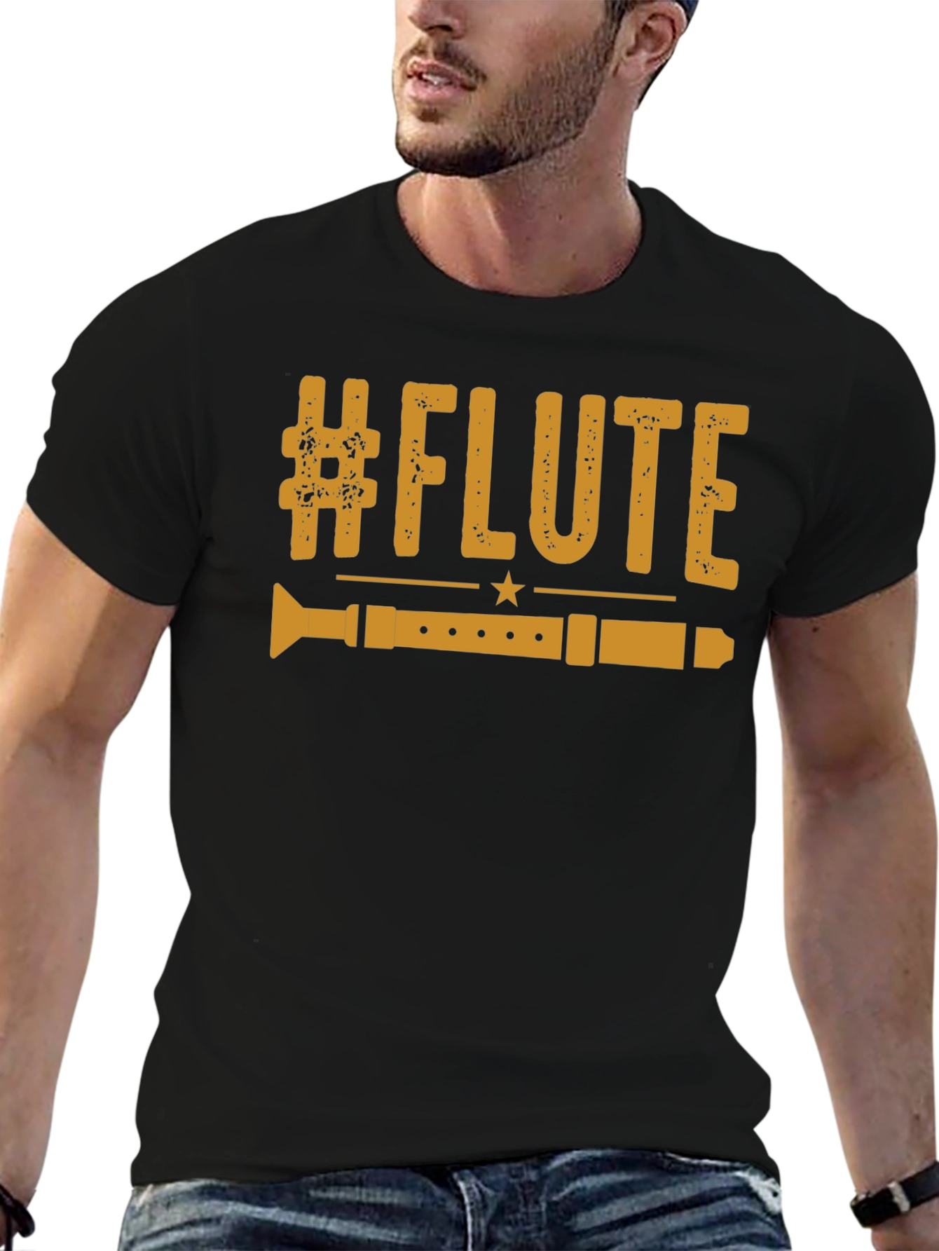 Black #Flute Music Lover T-Shirt - Black Graphic Tee view 6