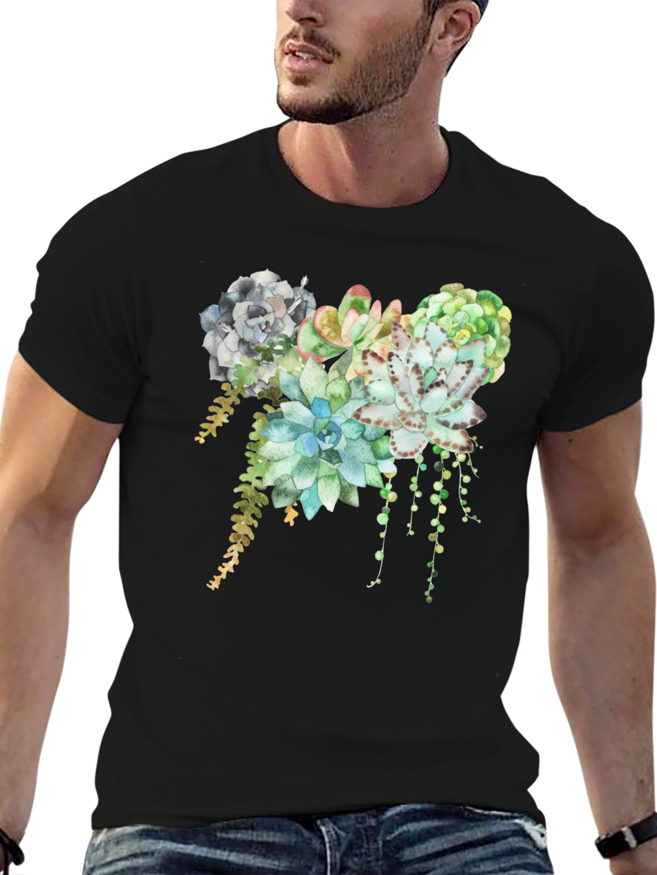 Black Succulent Print T-Shirt - Stylish Botanical Design view 6