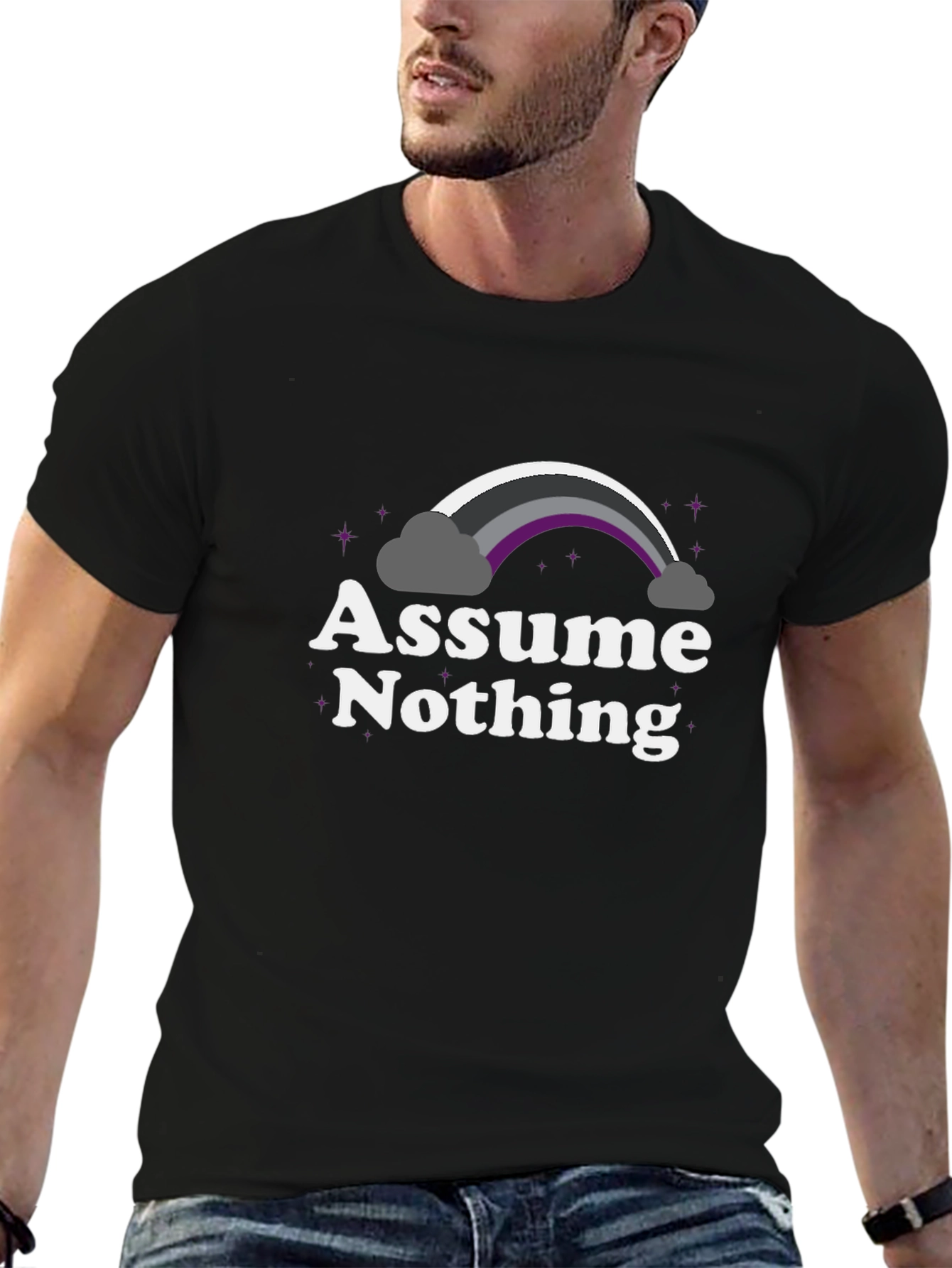 Black Assume Nothing Asexual Pride Rainbow Graphic Tee view 6
