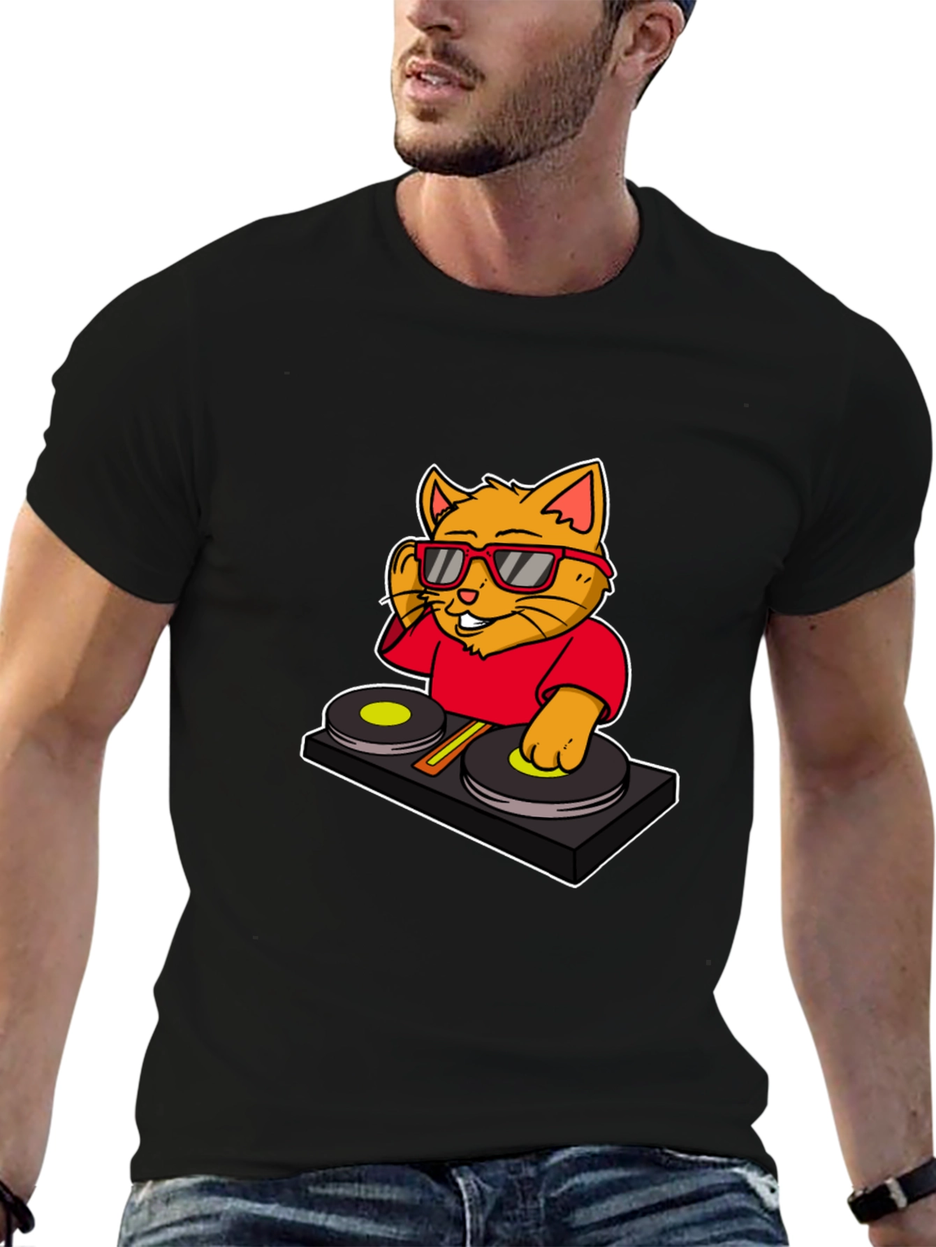 Black DJ Cat Graphic T-Shirt - Cool Music Lover Tee view 6
