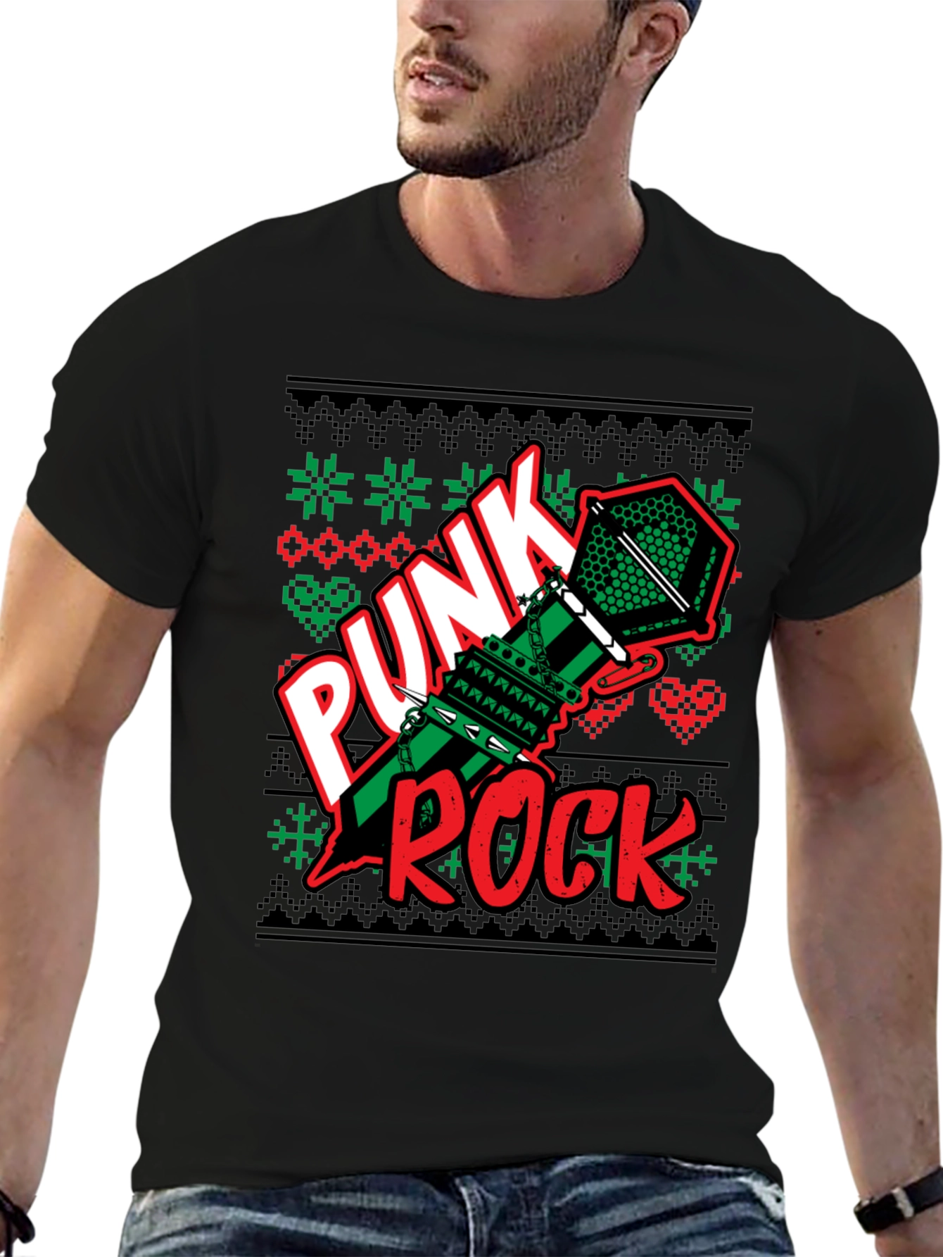 Black Punk Rock Ugly Christmas Sweater T-Shirt view 6
