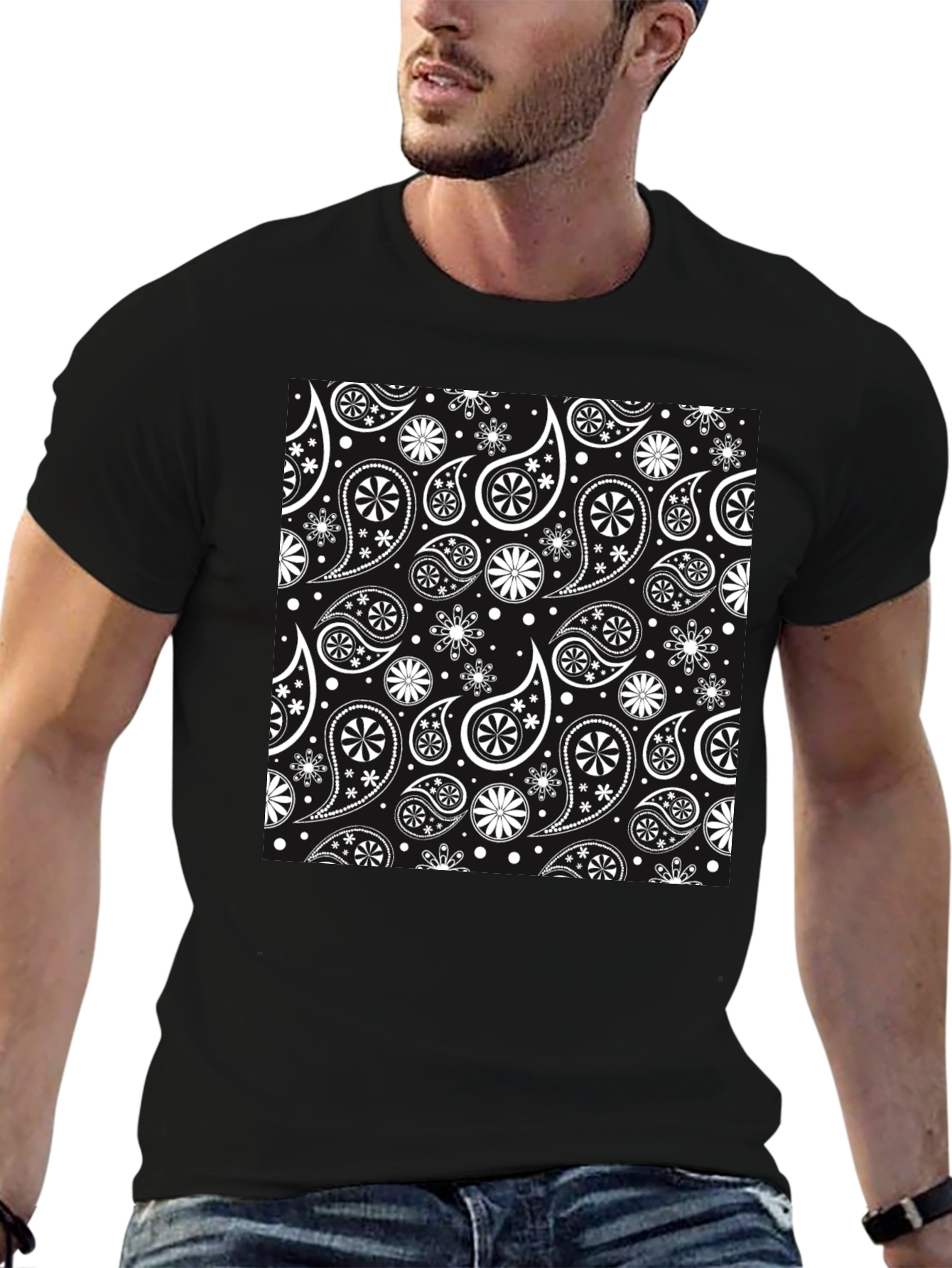 Black Stylish Paisley Patterned Black T-Shirt view 6