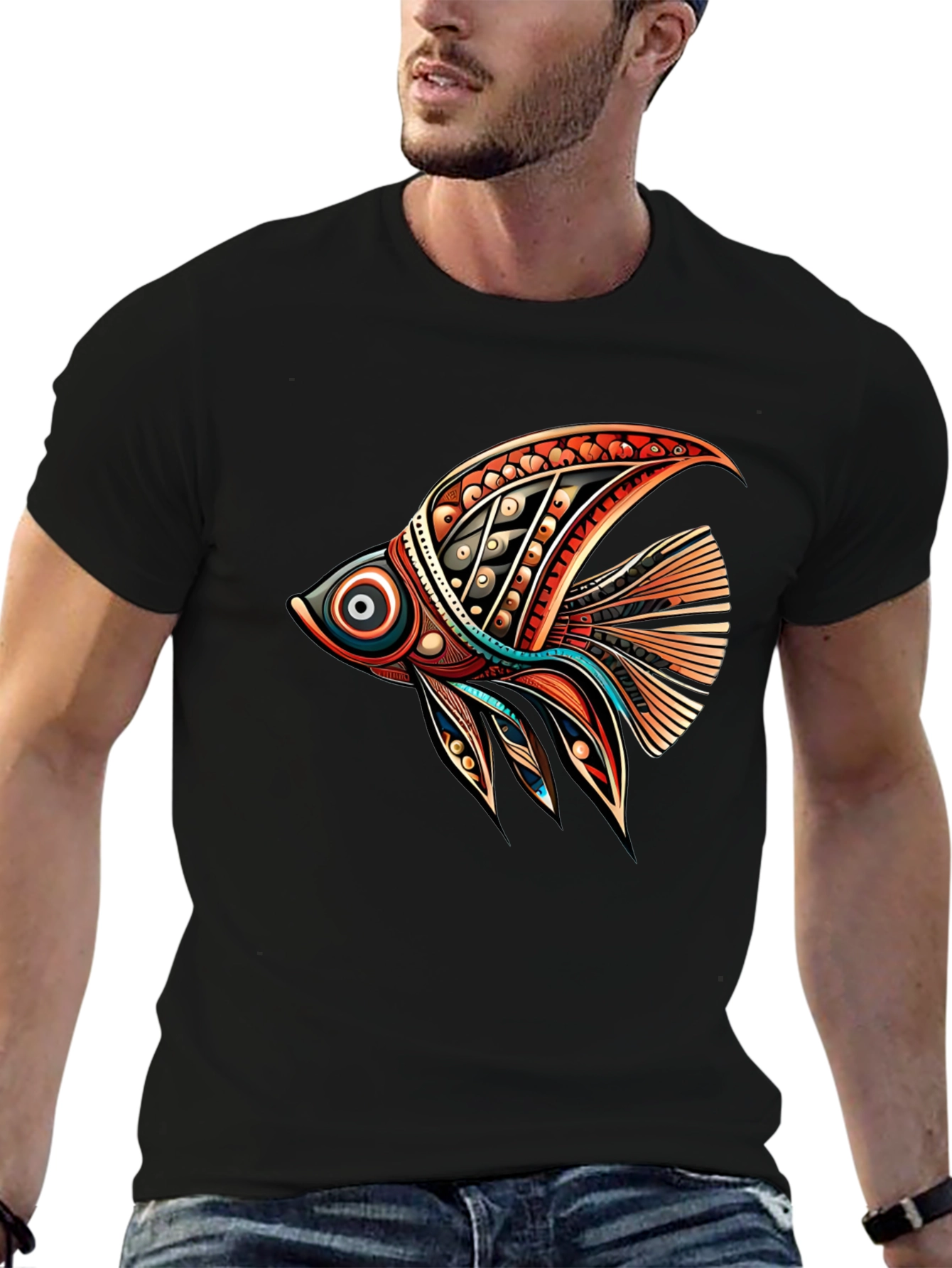 Black Tribal Fish Graphic Tee - Stylish Black T-Shirt view 6