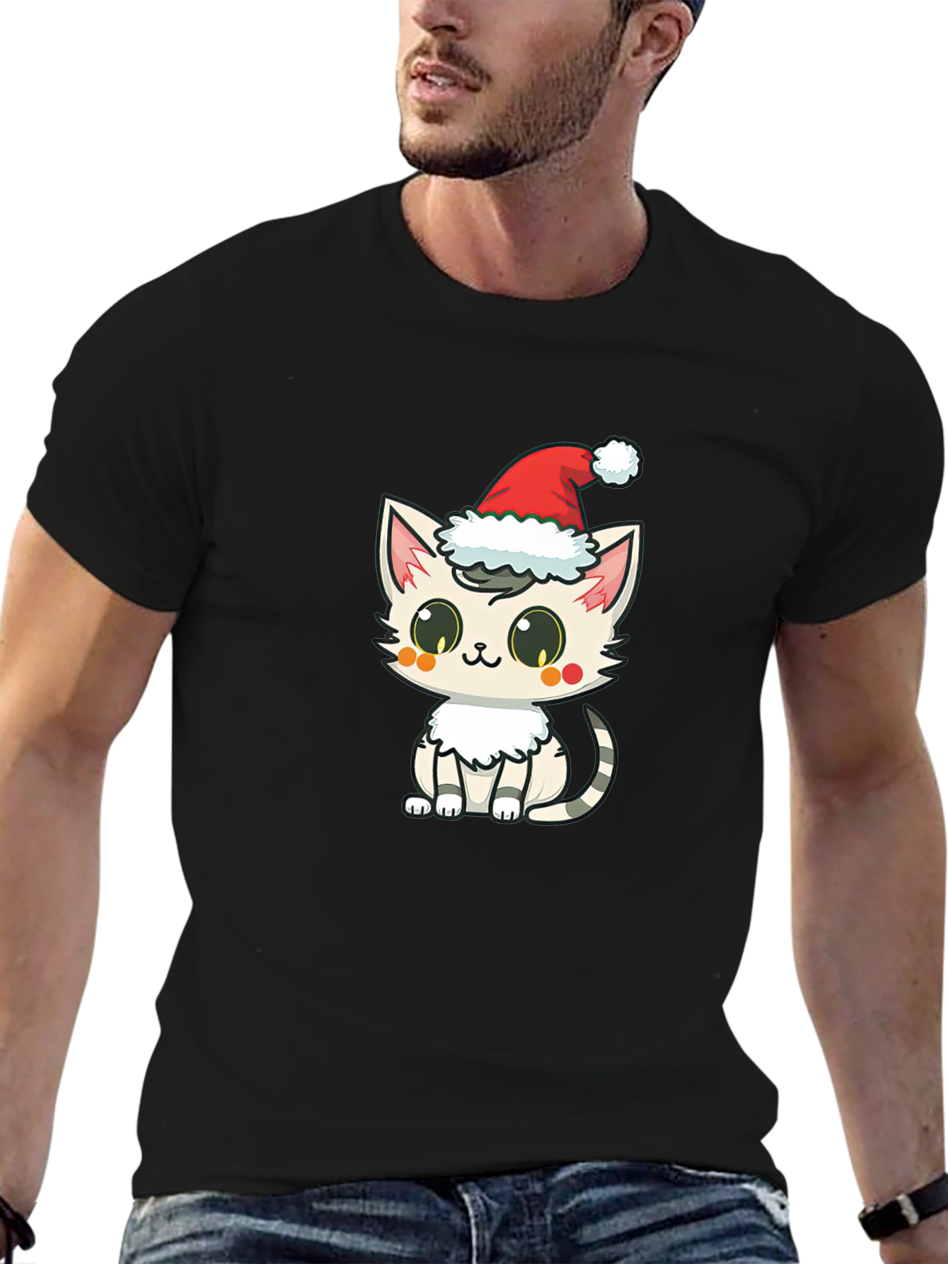 Black Cute Cat in Santa Hat Graphic T-Shirt view 6
