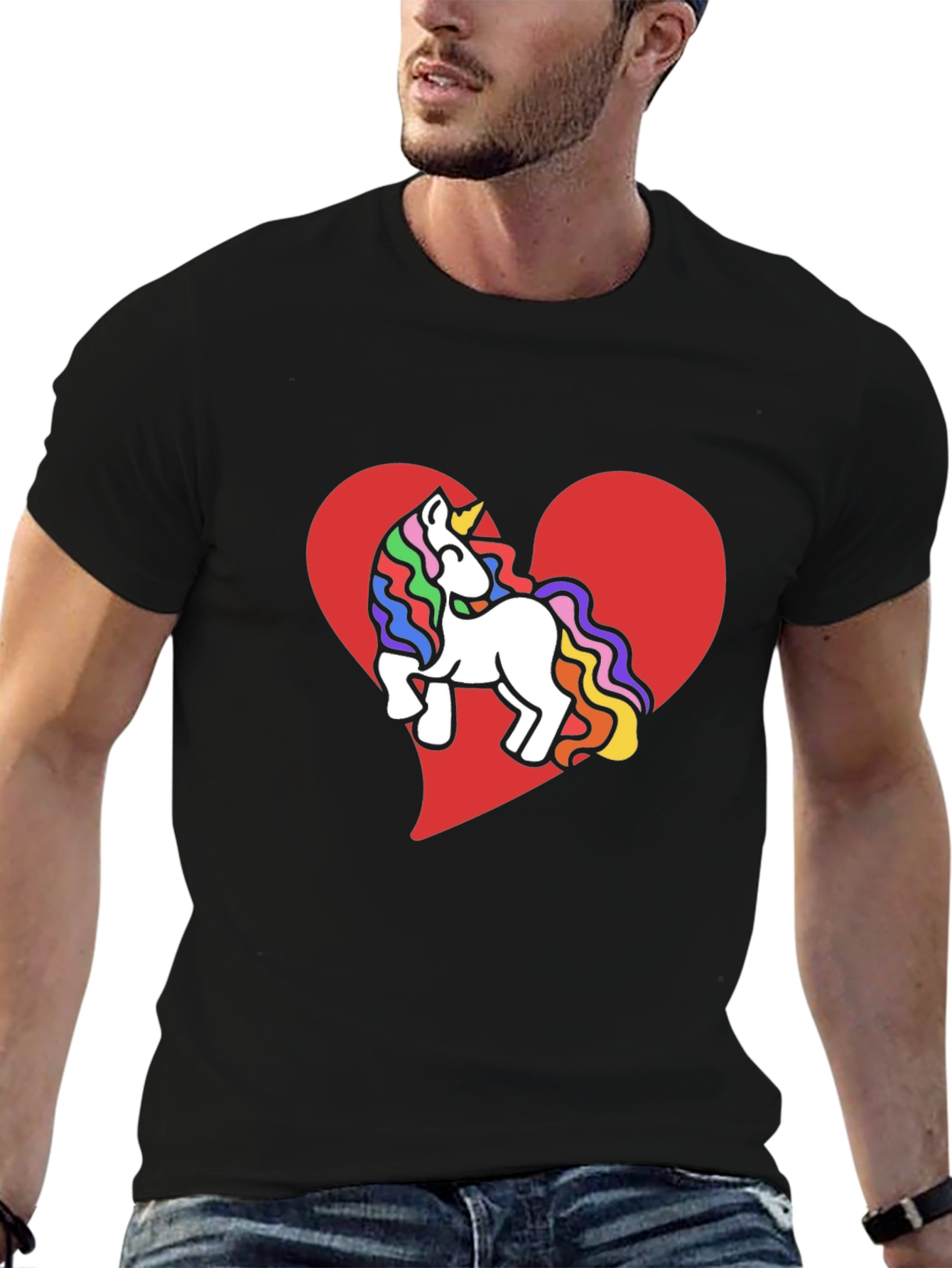 Black Unicorn Heart Tee - Rainbow Mane Graphic T-Shirt view 6