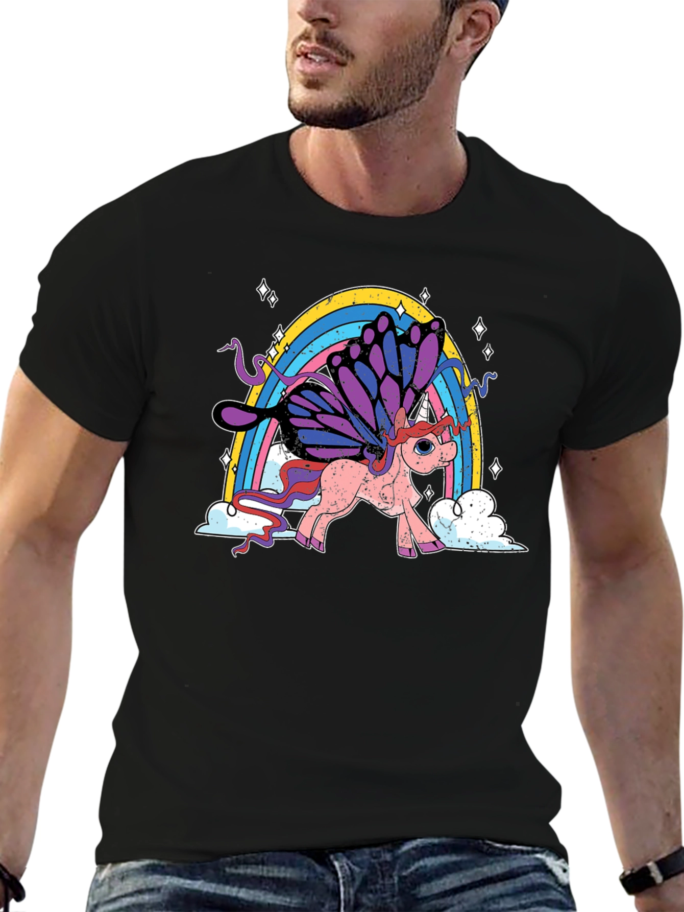 Black Unicorn Rainbow T-Shirt - Magical Butterfly Wings view 6
