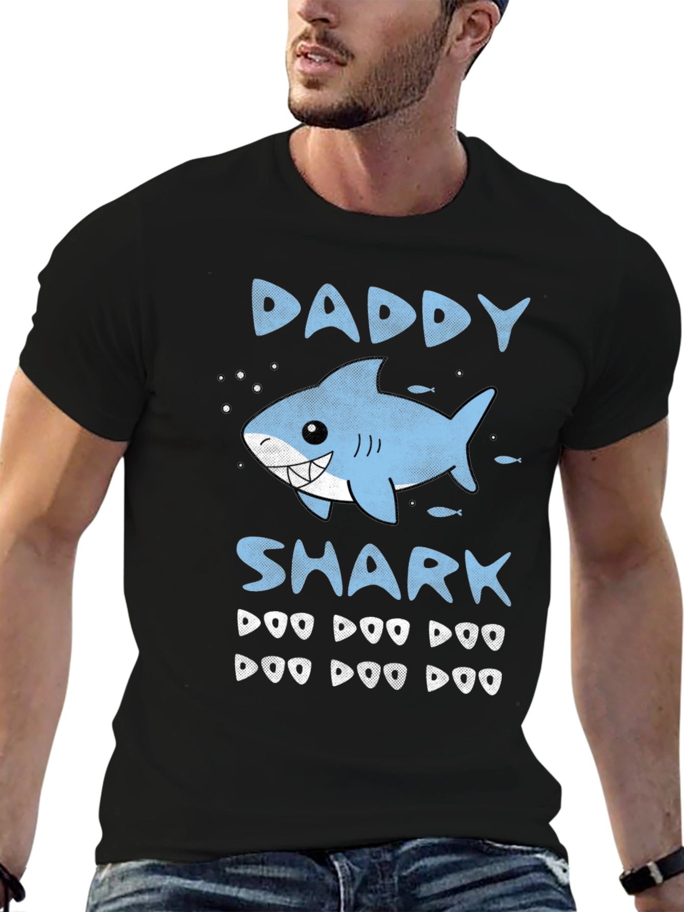 Black Daddy Shark Graphic Print Men's T-Shirt view 6