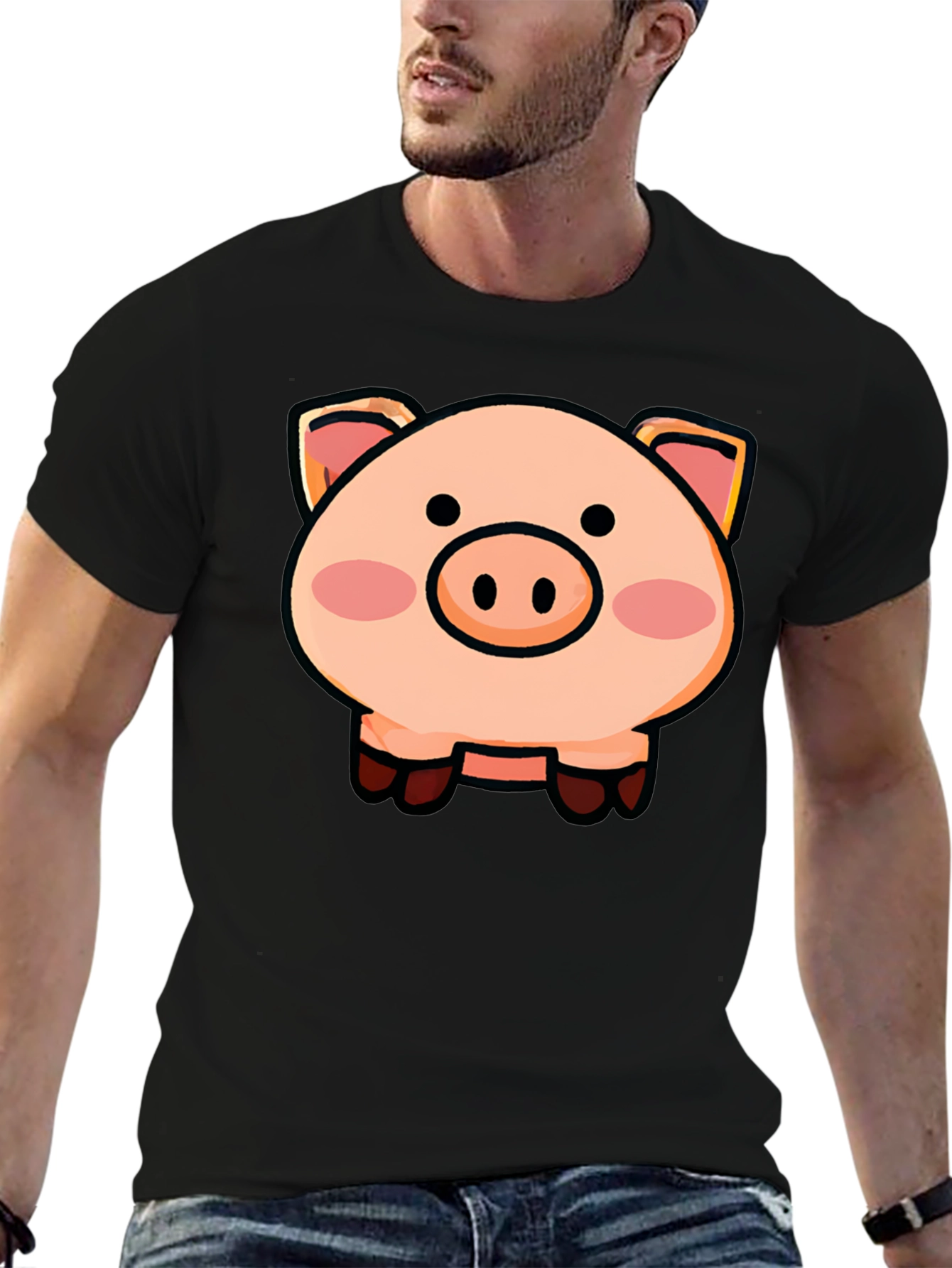 Black Cartoon Pig Graphic Tee - Unisex Black T-Shirt view 6
