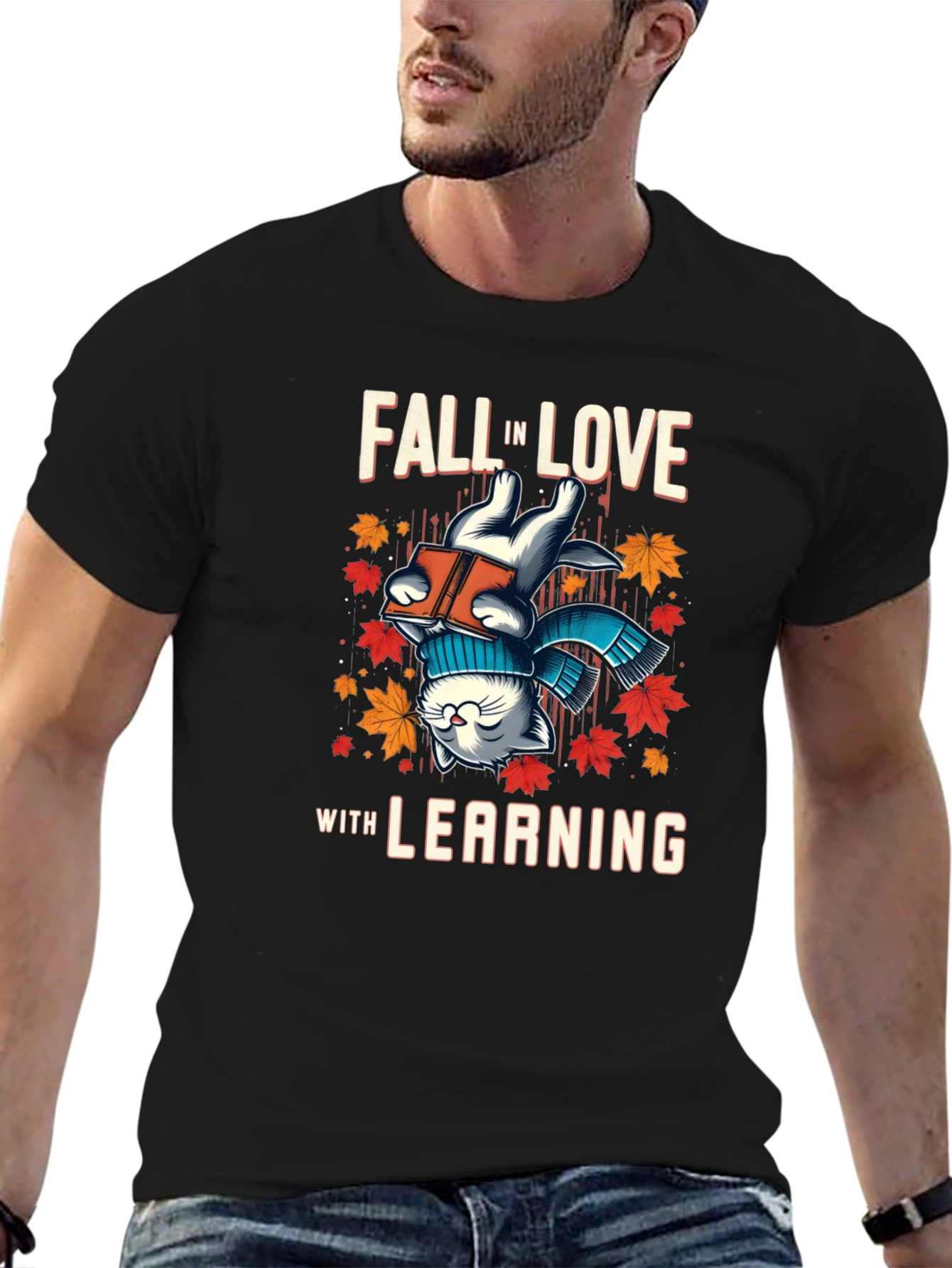 Black Fall in Love with Learning Cat T-Shirt view 6
