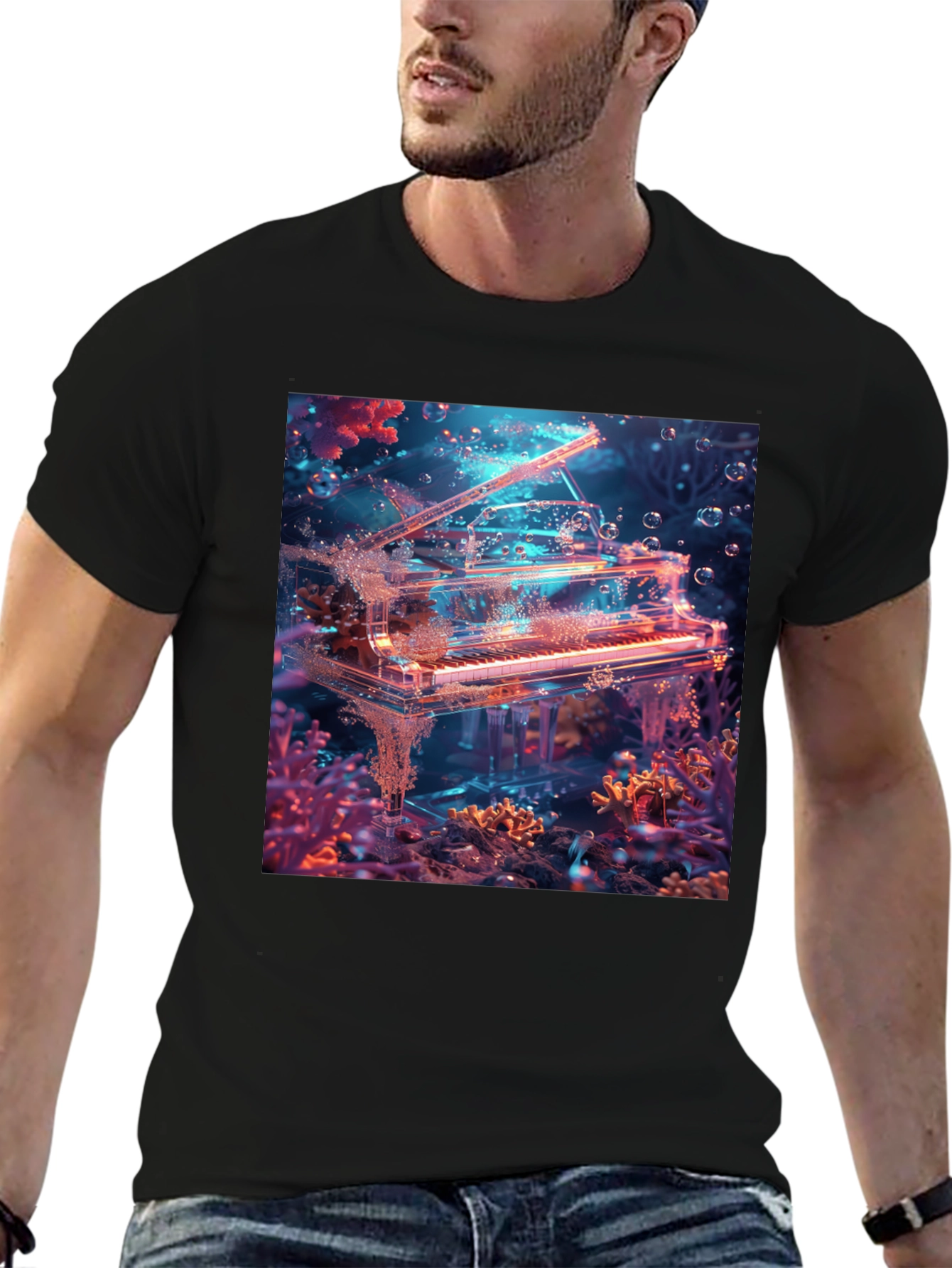 Black Underwater Piano Graphic Tee - Unique Design view 6