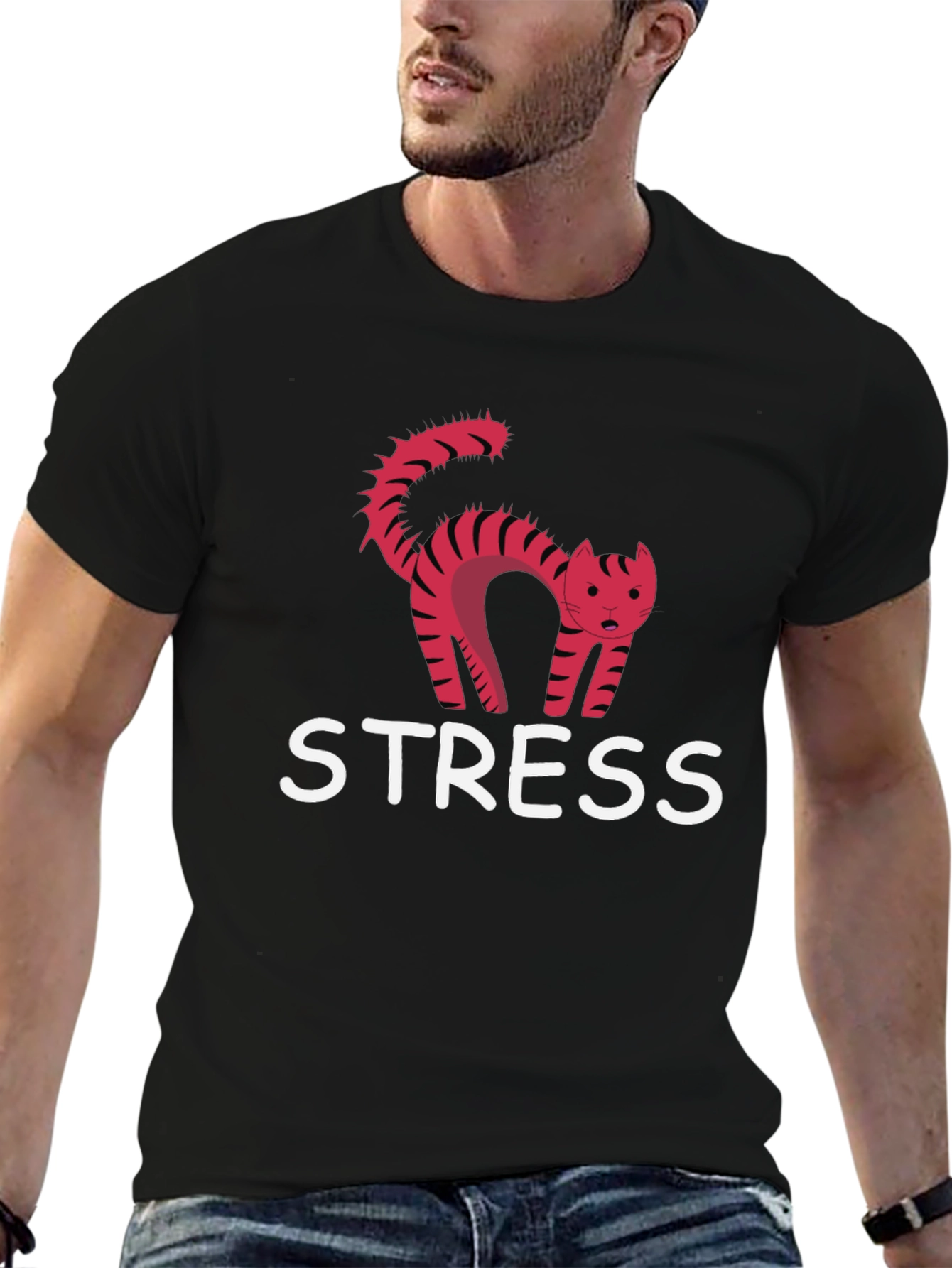 Black Funny Stress Cat T-Shirt view 6