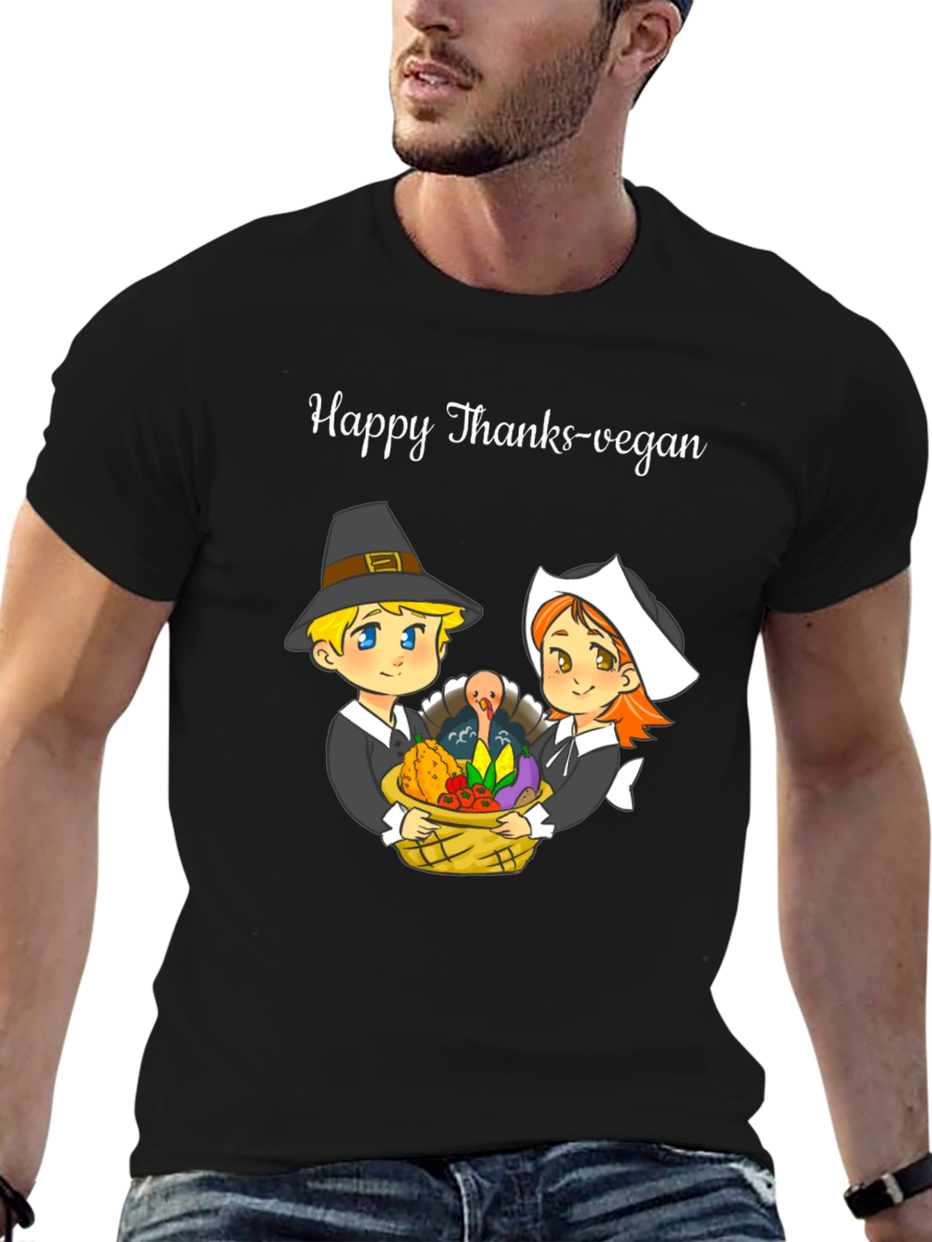 Black Happy Thanks-Vegan T-Shirt view 6
