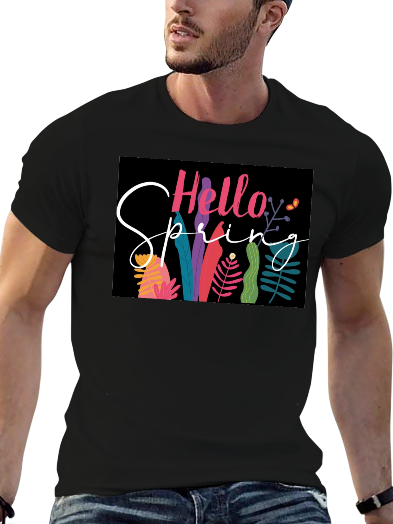 Black Hello Spring Graphic Tee - Black Cotton Casual view 6