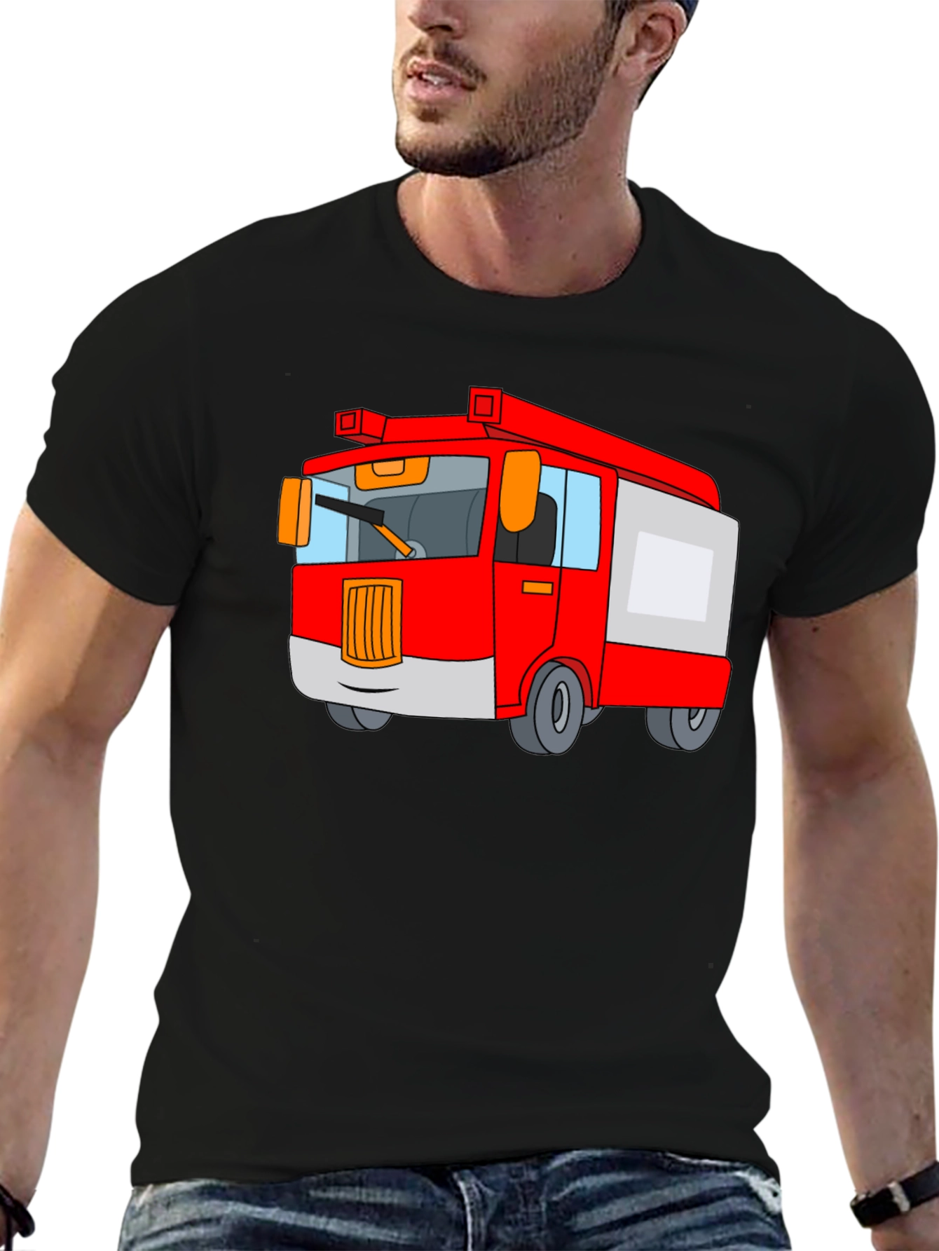 Black Fire Truck Cartoon Graphic Black T-Shirt view 6