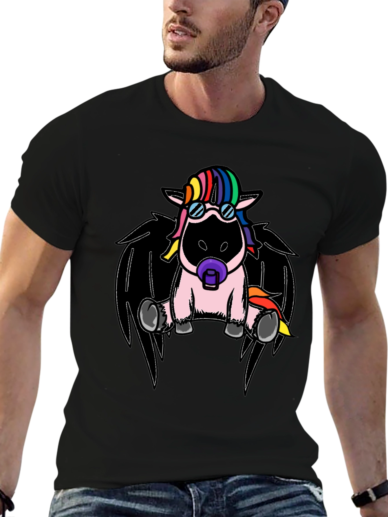 Black Cool Unicorn with Wings Graphic T-Shirt view 6