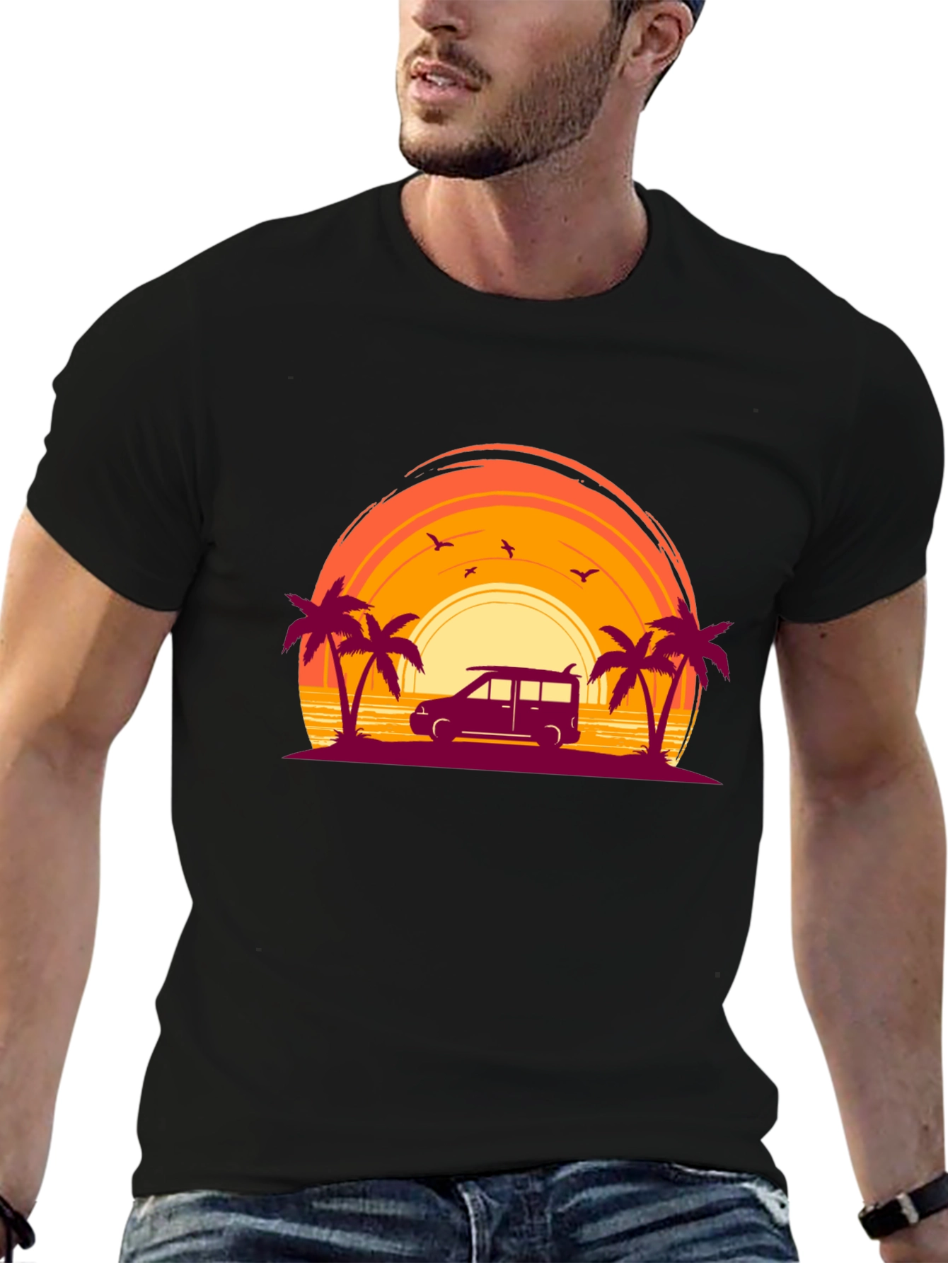 Black Sunset Beach Van Graphic Tee view 6