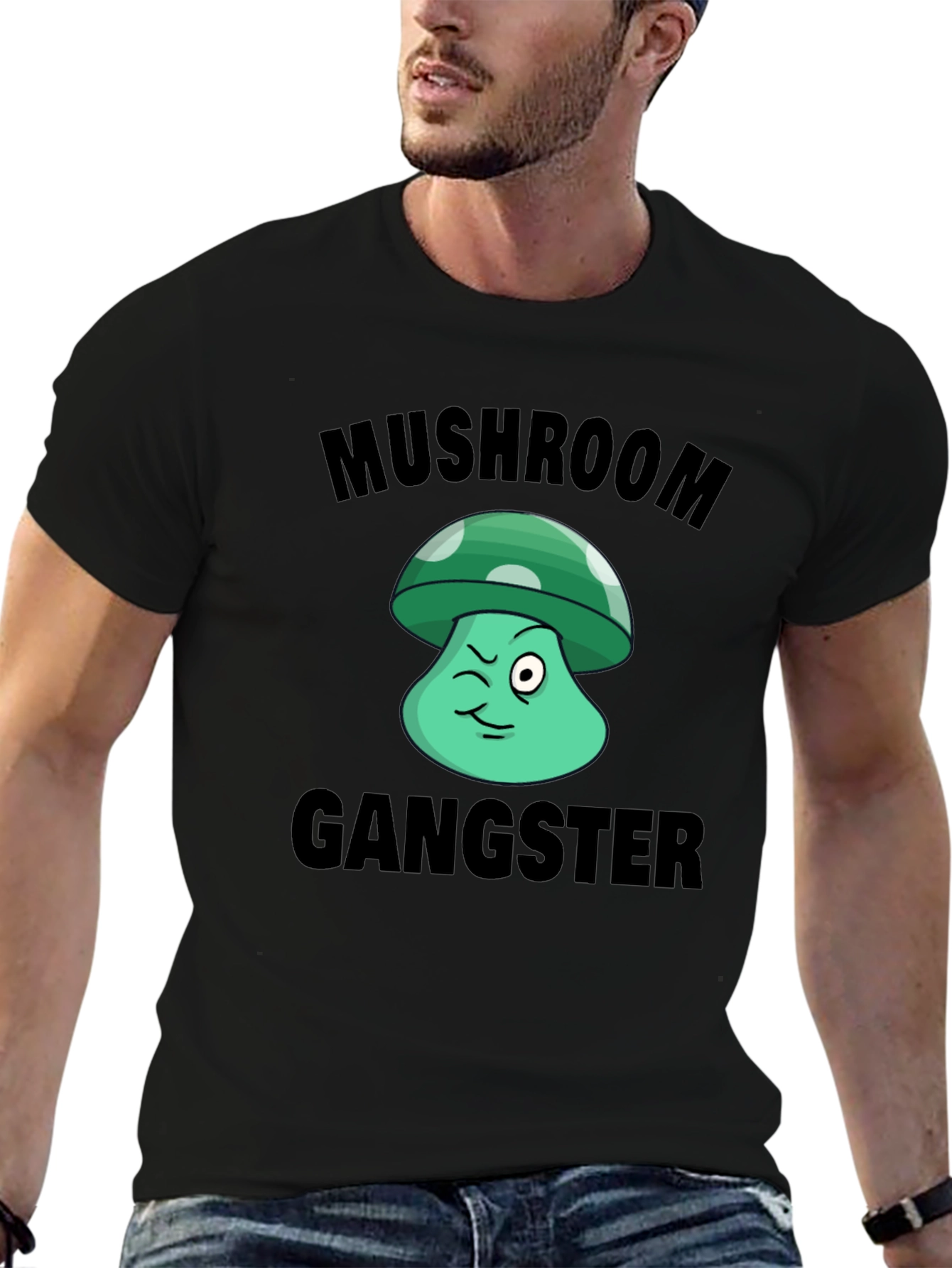 Black Mushroom Gangster Graphic T-Shirt view 6