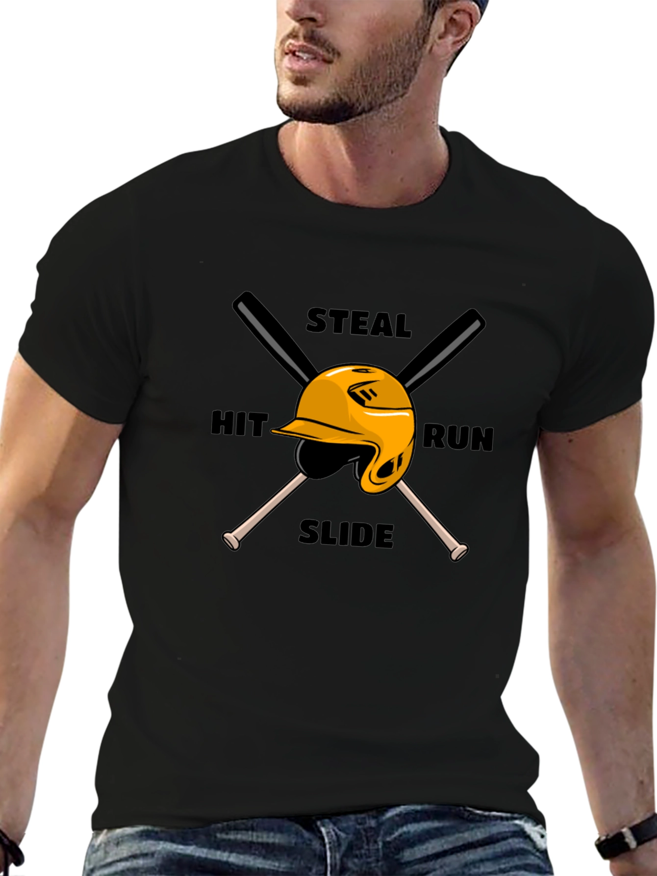 Black Baseball Steal Hit Run Graphic T-Shirt view 6