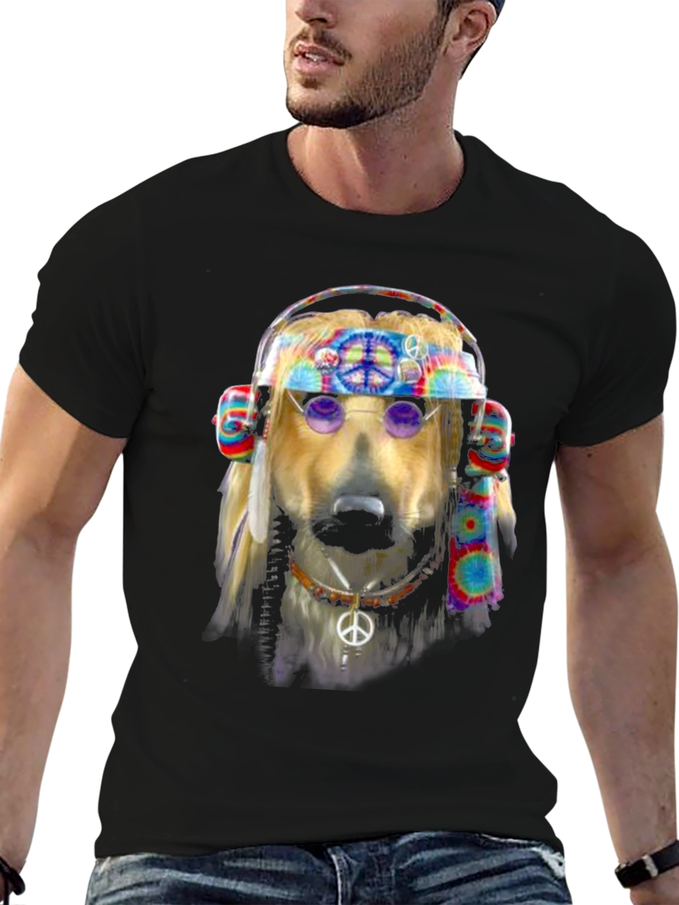 Black Hippie Dog Graphic T-Shirt - Peace & Love view 6
