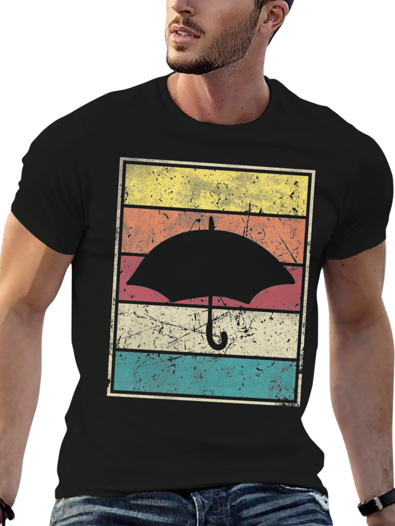 Black Retro Umbrella Graphic Tee - Vintage Style view 6