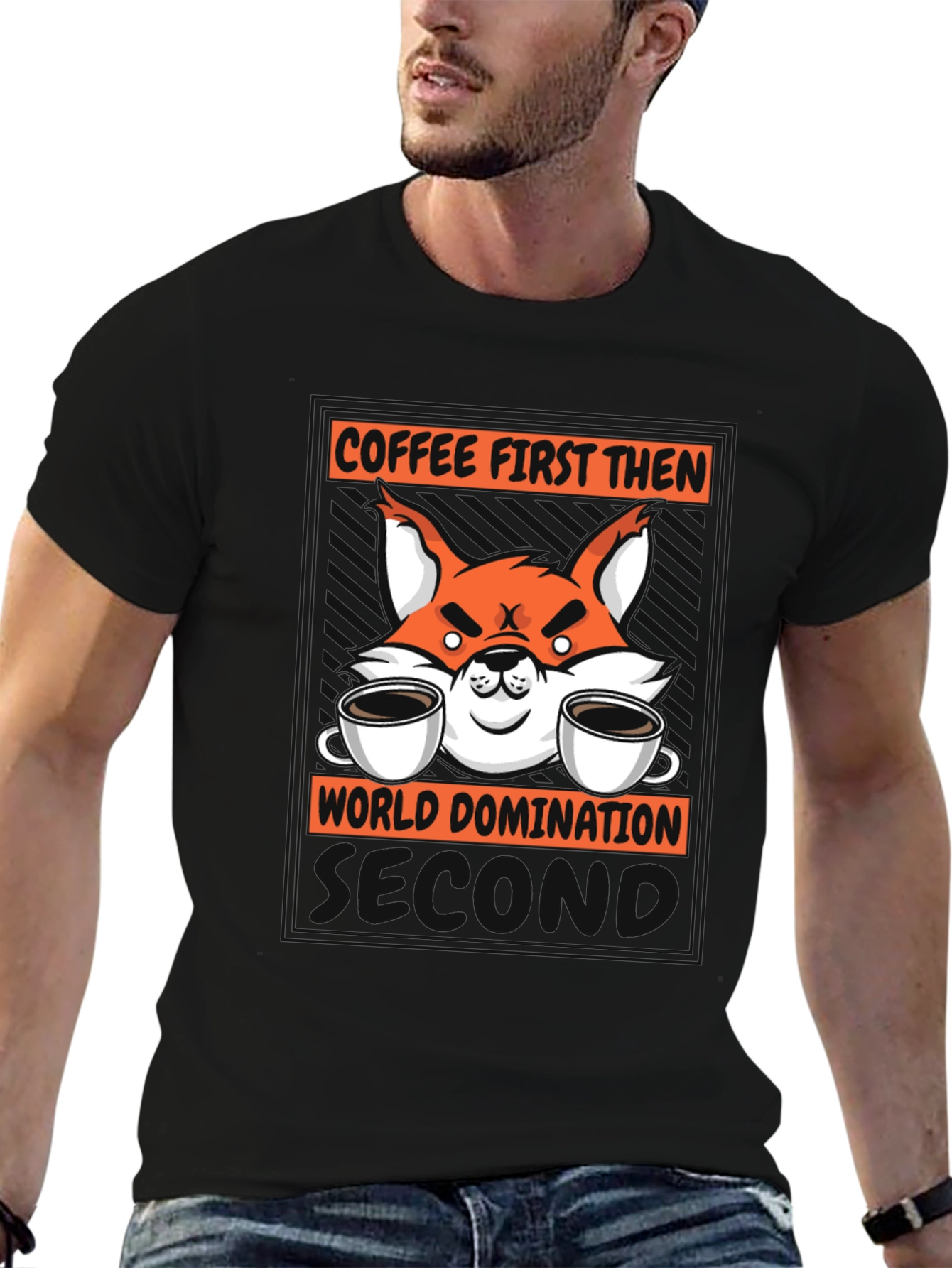 Black Coffee First Then World Domination Fox Graphic T-Shirt view 6