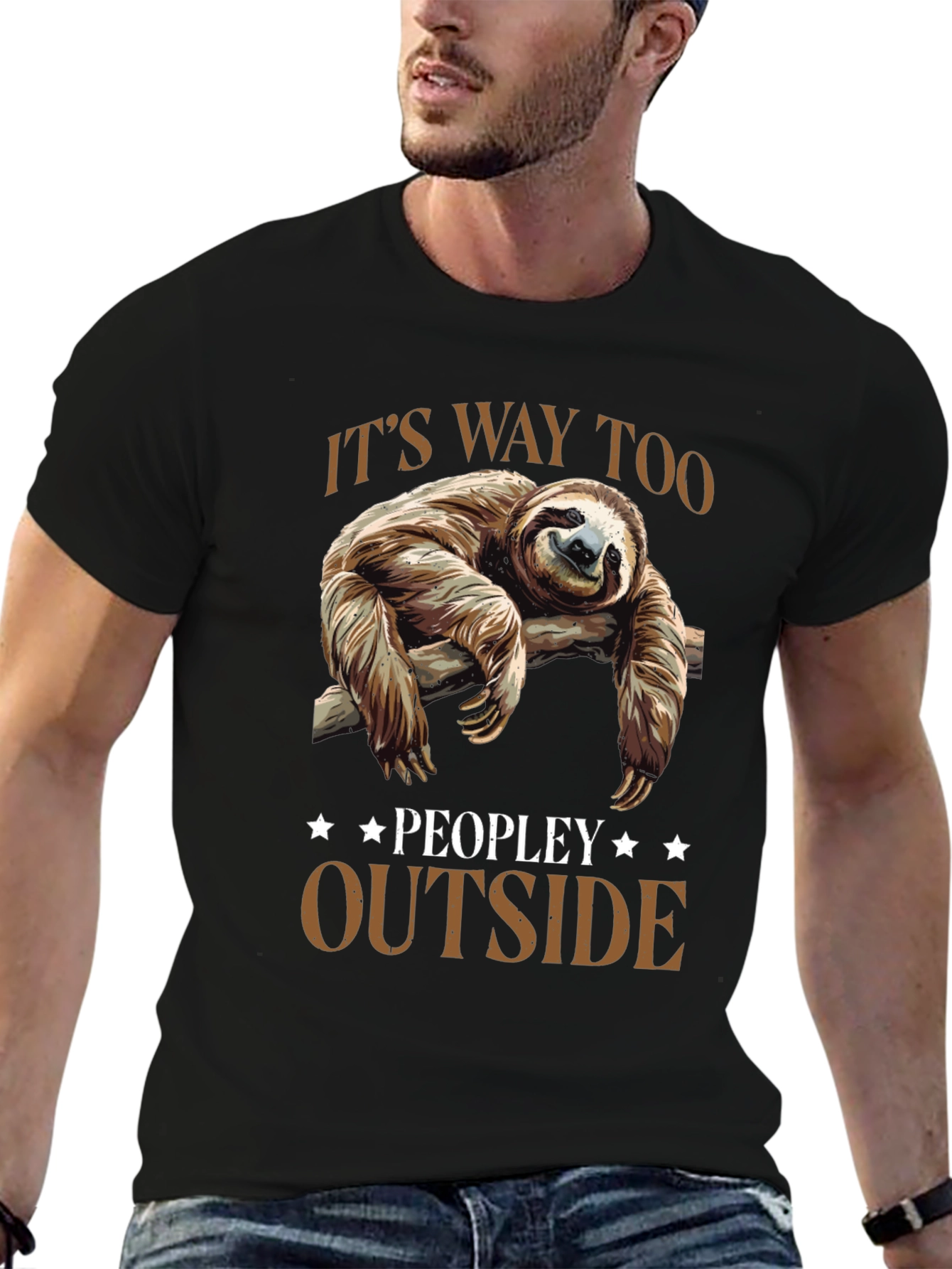 Black Lazy Sloth Graphic Tee: "It's Way Too Peopley Outside" view 6