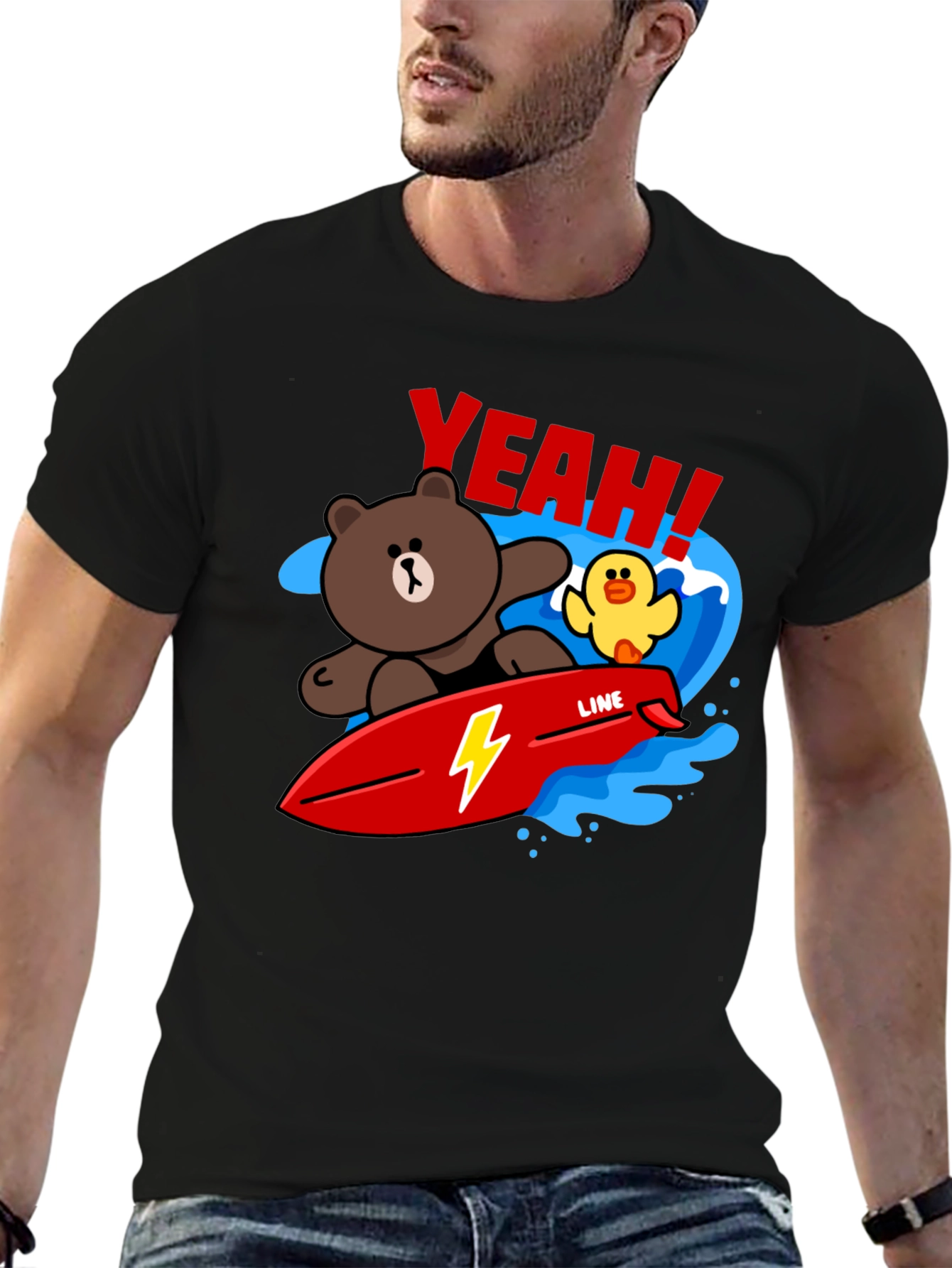 Black Cartoon Bear Surfing Graphic T-Shirt view 6