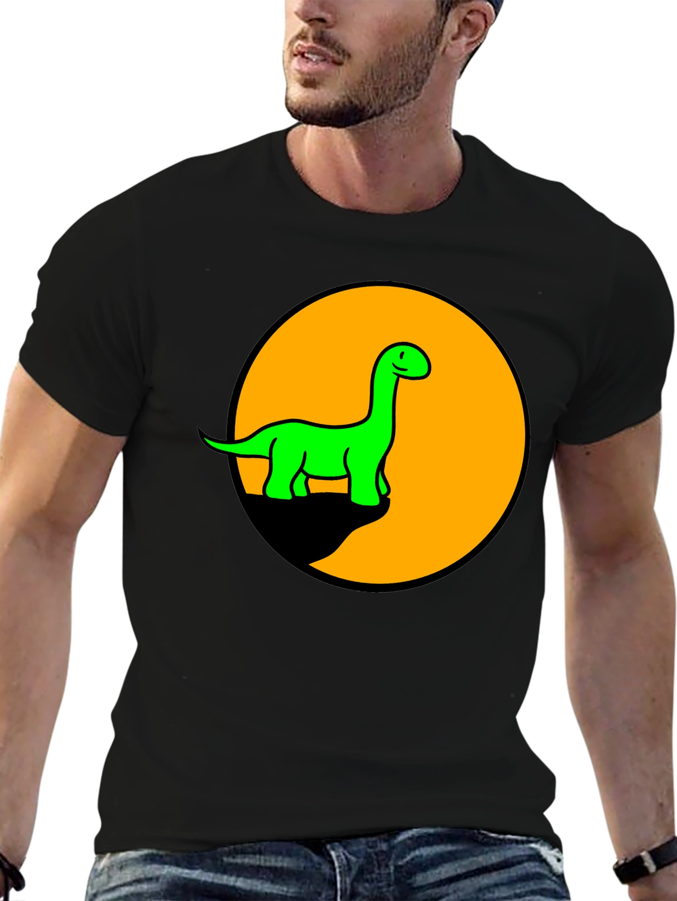 Black Dino Graphic Tee - Black T-Shirt with Retro Green Dinosaur Print view 6