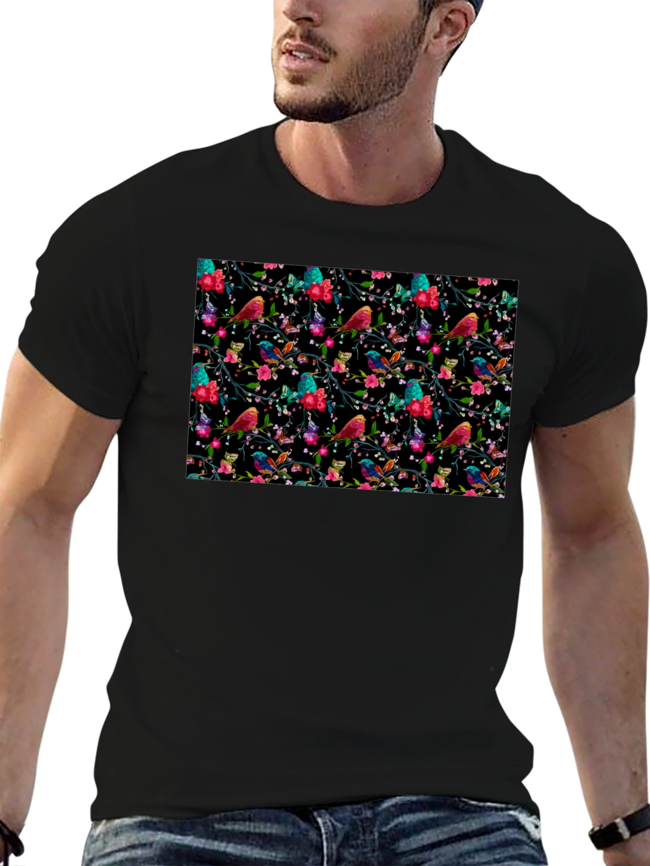 Black Floral Bird Print Black Tee view 6