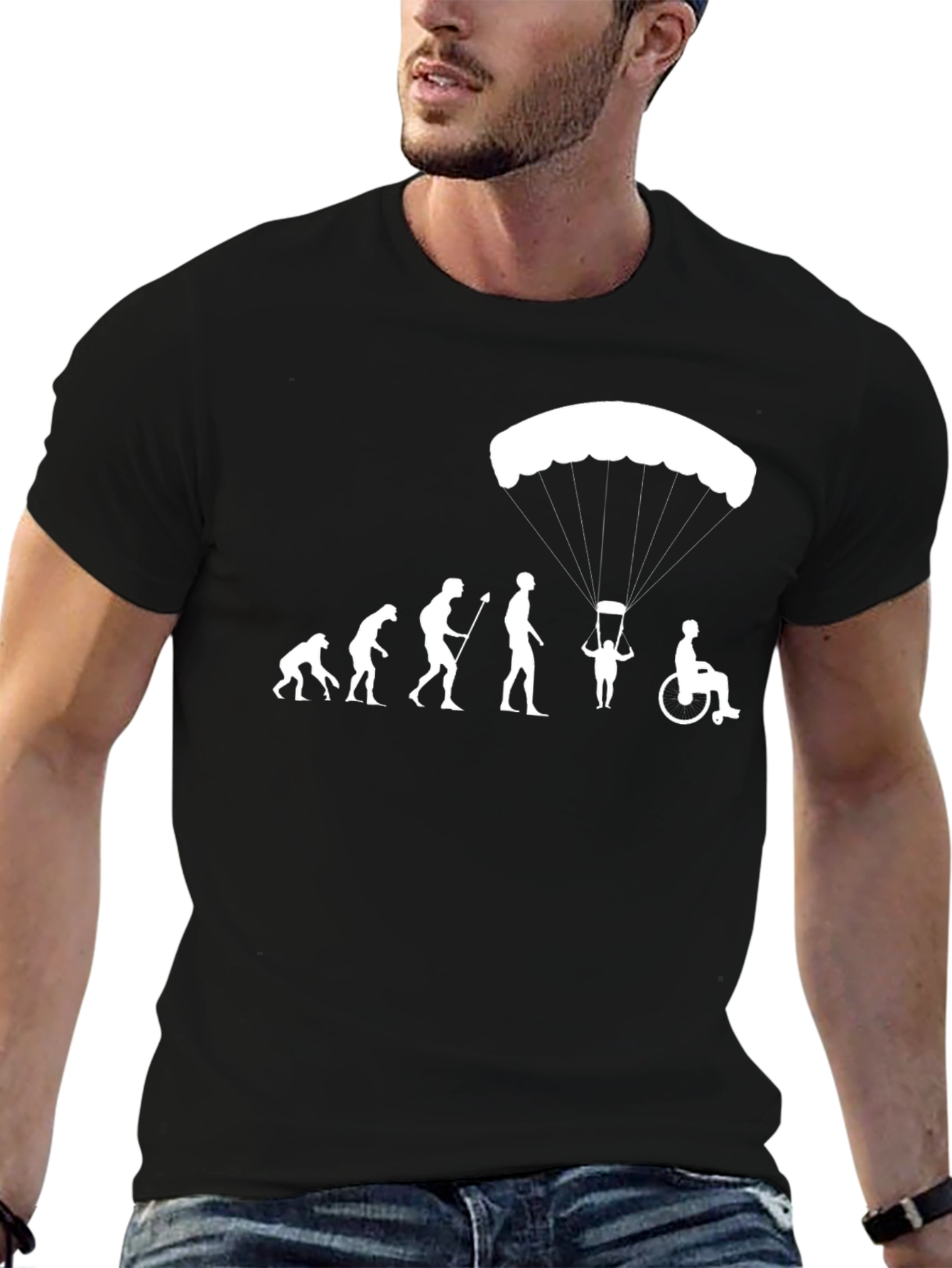 Black Evolution Parachute Humor T-Shirt view 6