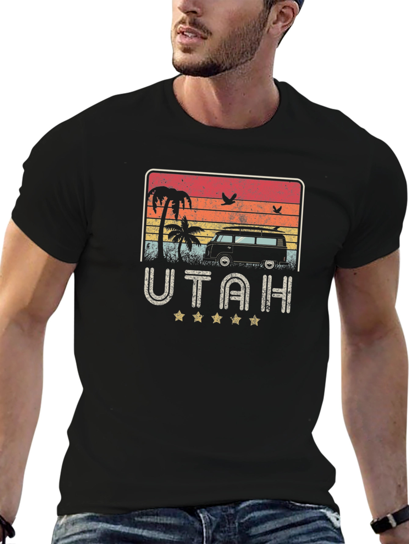 Black Retro Utah Beach Van Graphic T-Shirt view 6